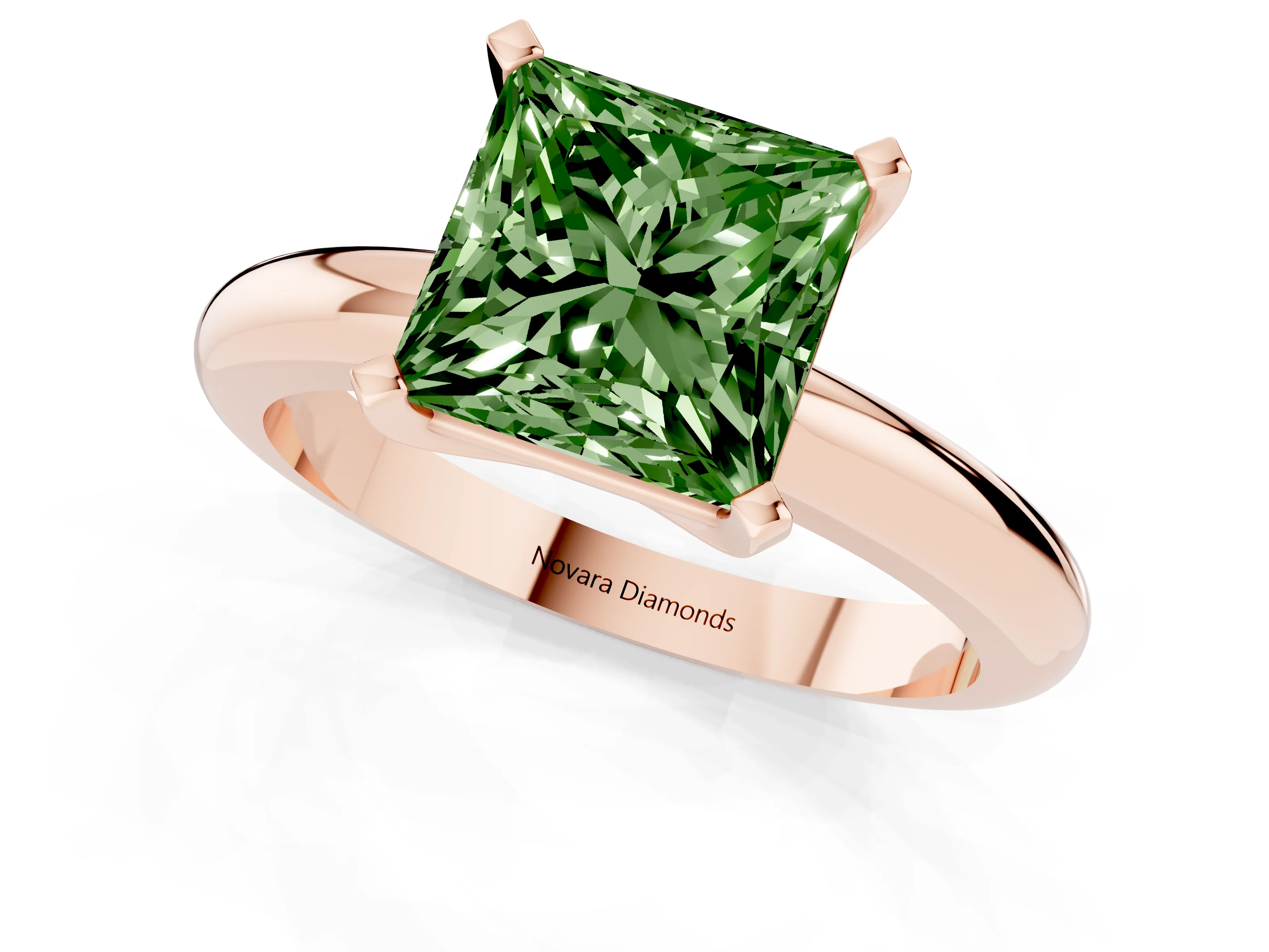 Fancy Green Princess Cut Diamond Solitaire Engagement Ring Set in Rose gold with Round Band and Prong Setting