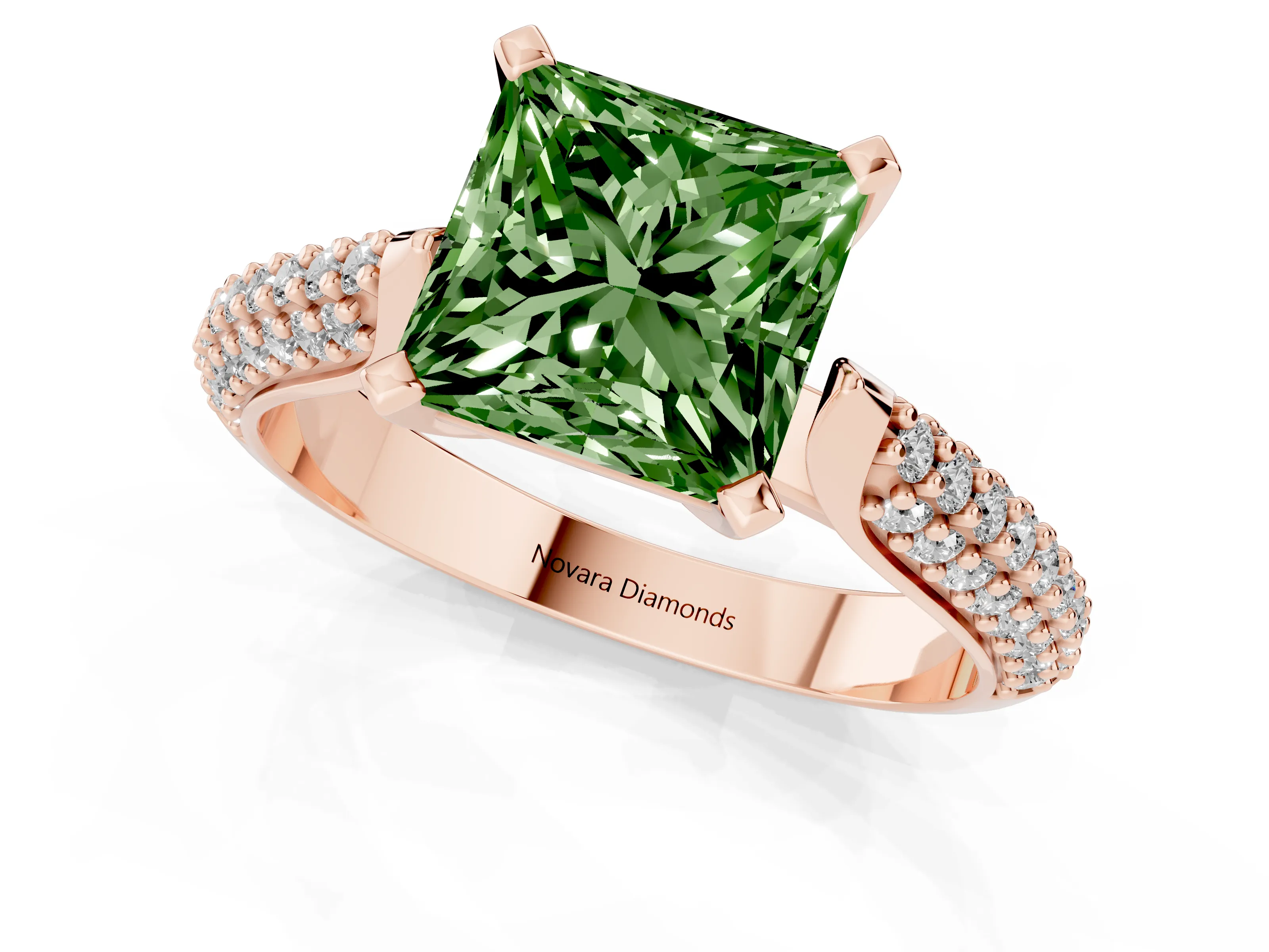 Fancy Green Princess Cut Diamond Solitaire Engagement Ring Set in Rose gold with Multi-Row Round Pavé Band and Prong Setting
