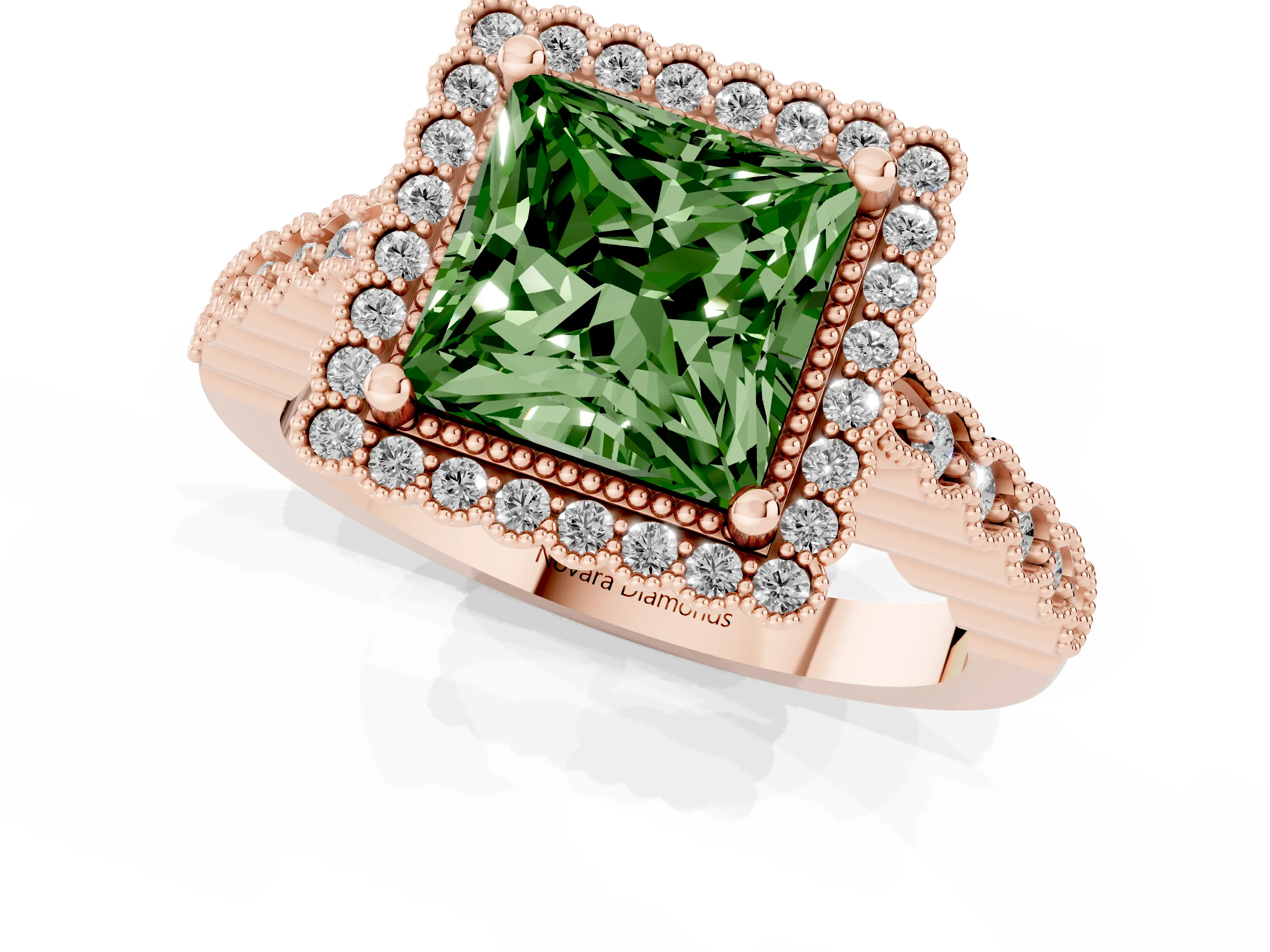 Fancy Green Princess Cut Diamond Halo Ring Set in Rose gold with Pavé Milgrain Band