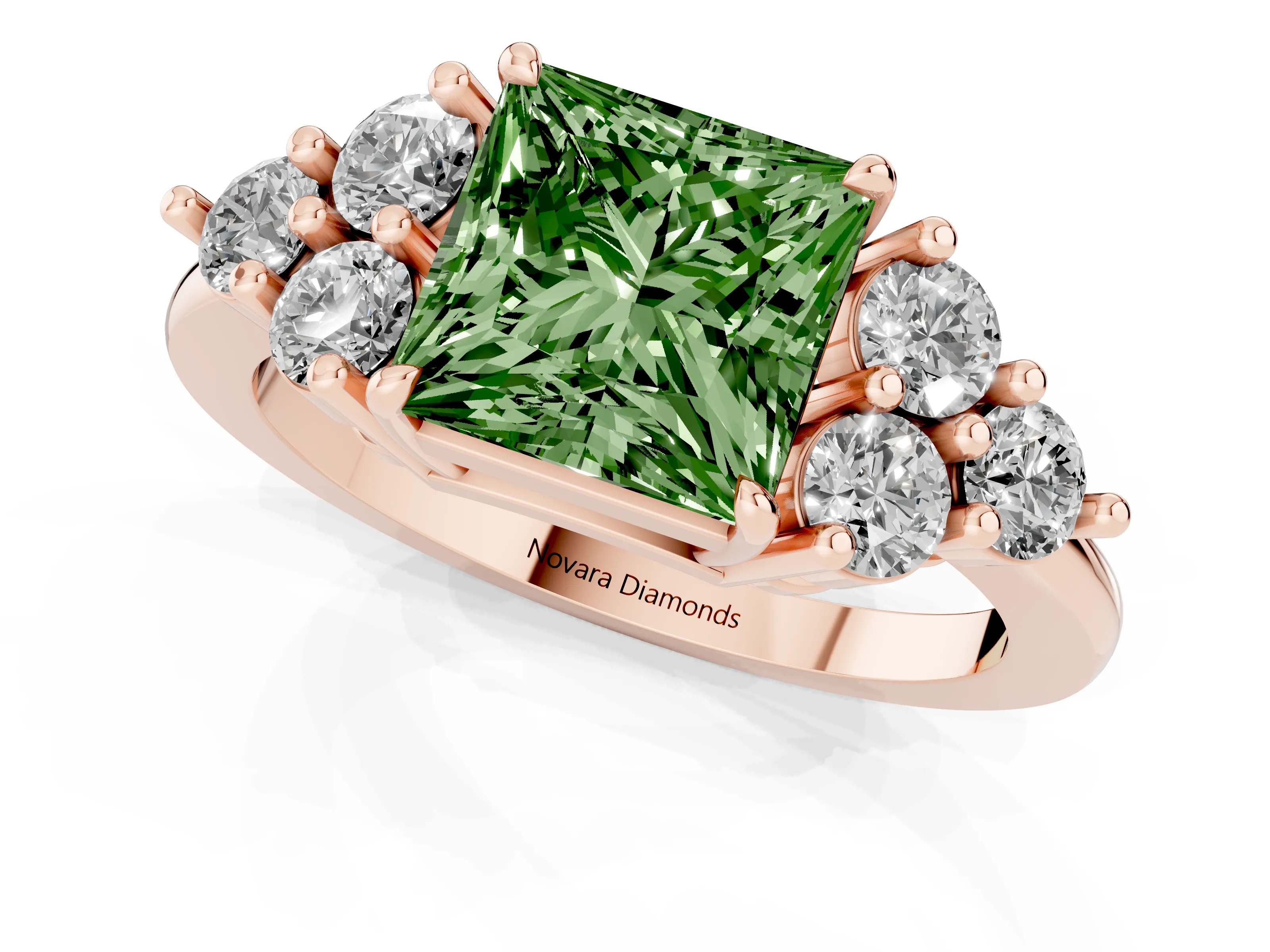 Fancy Green Princess Cut Diamond Solitaire Ring Set in Rose gold with Cluster Accents on Each Side