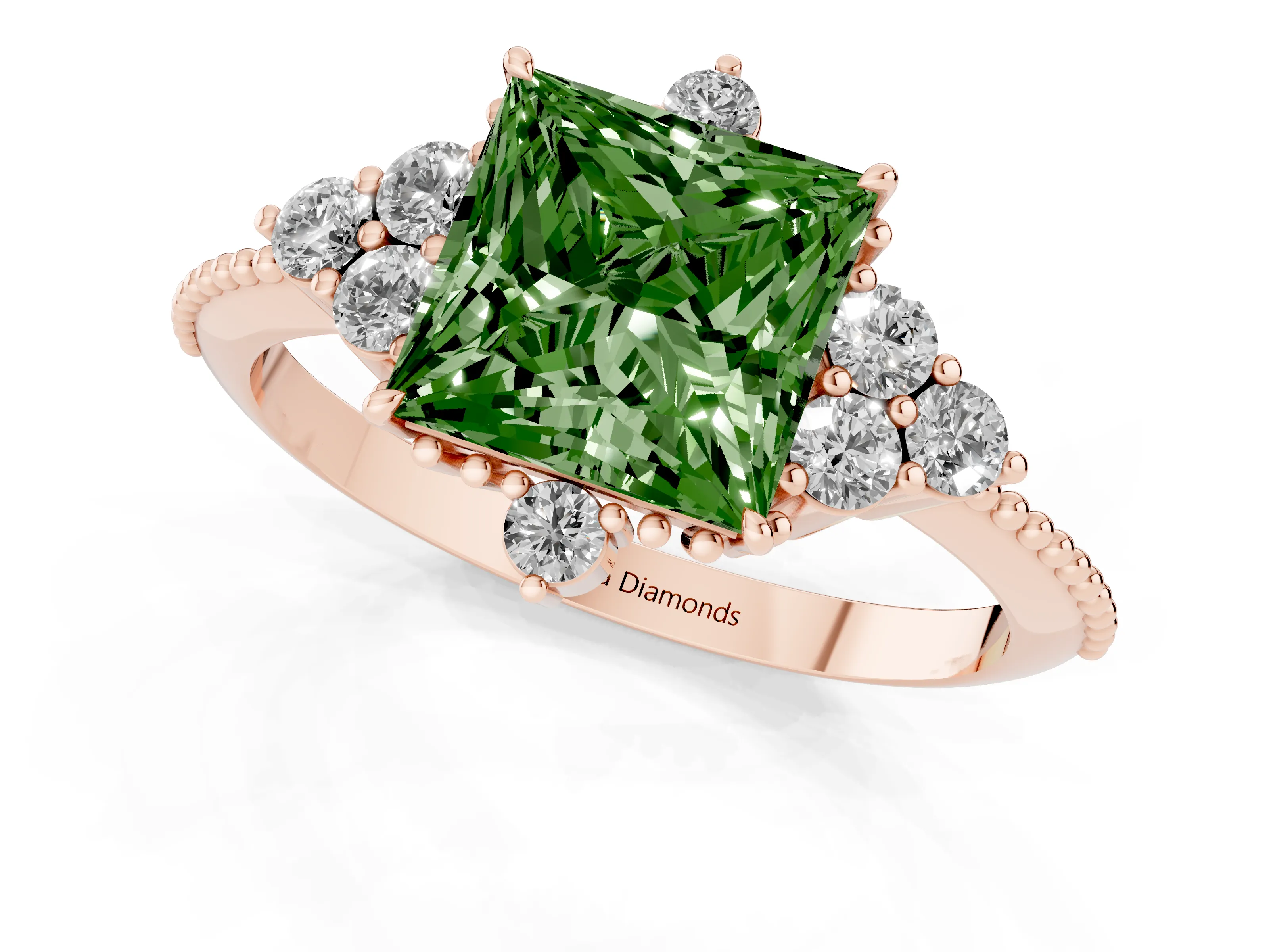 Fancy Green Princess Cut Diamond Cluster Ring Set in Rose gold with Beaded Band