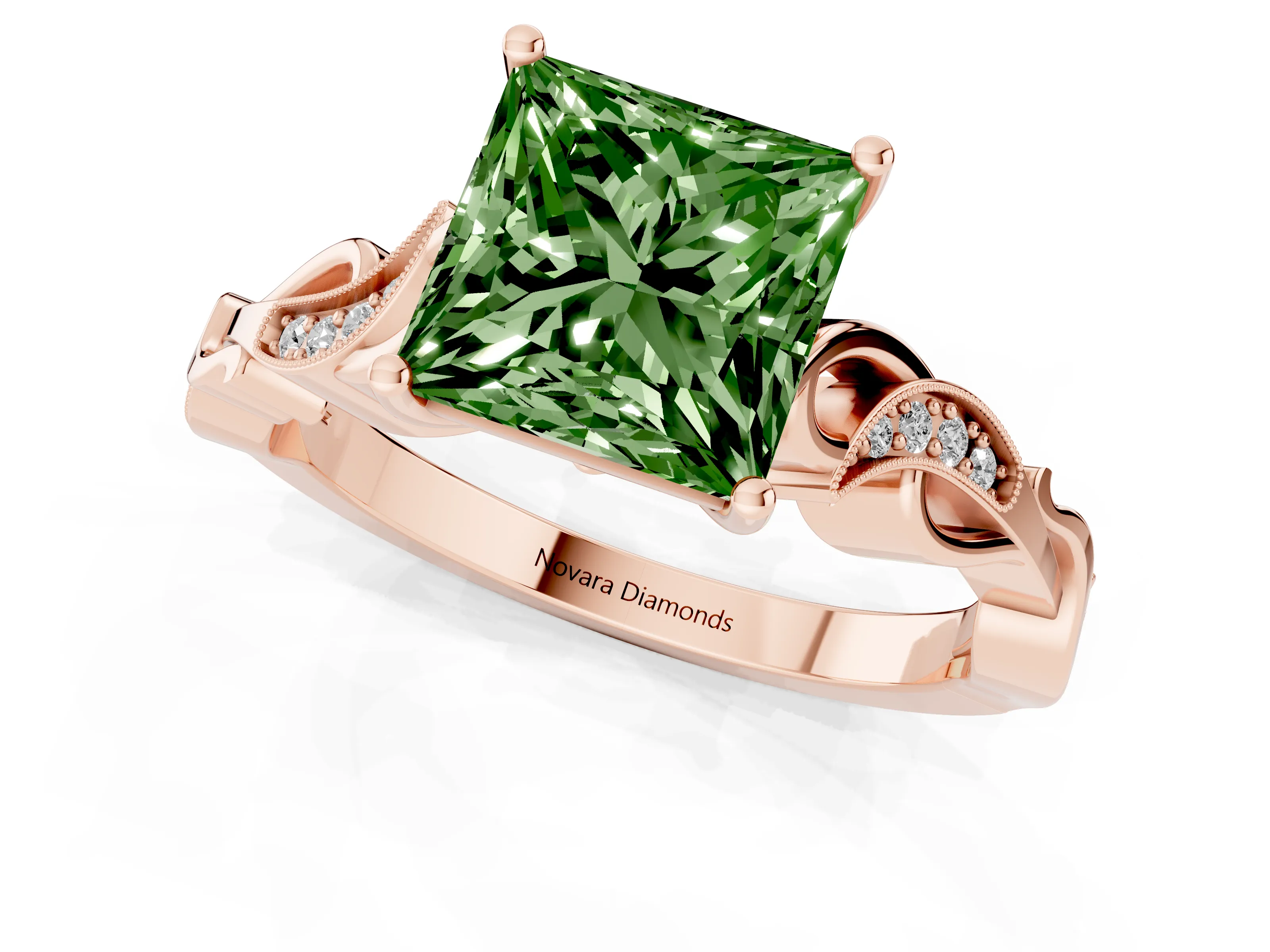 Fancy Green Princess Cut Diamond Vine Band Solitaire Ring Set in Rose gold with Milgrain Prong Setting