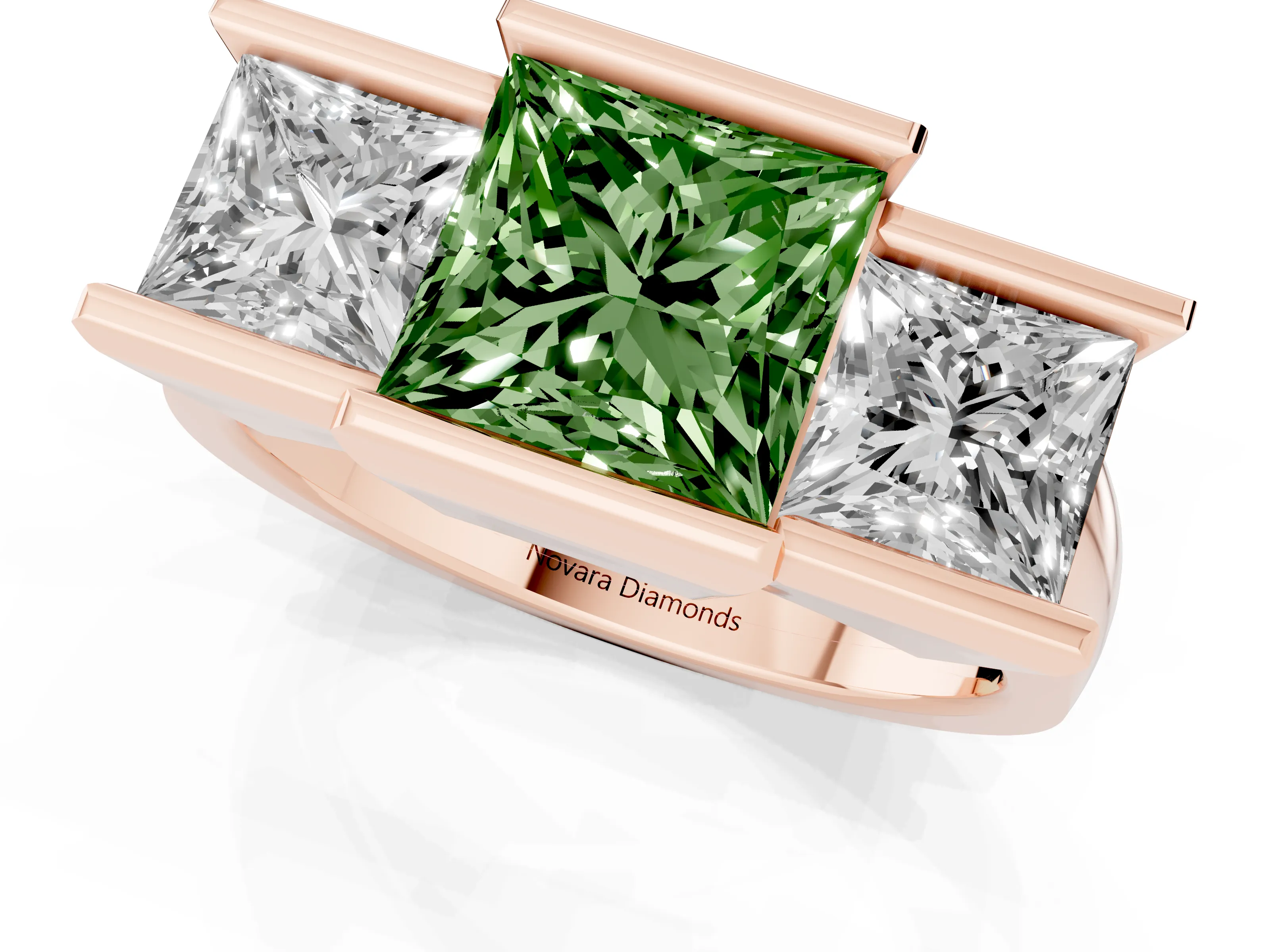Fancy Green Princess Cut Diamond Three-Stone Channel Set Ring Set in Rose gold with Smooth Polished Band