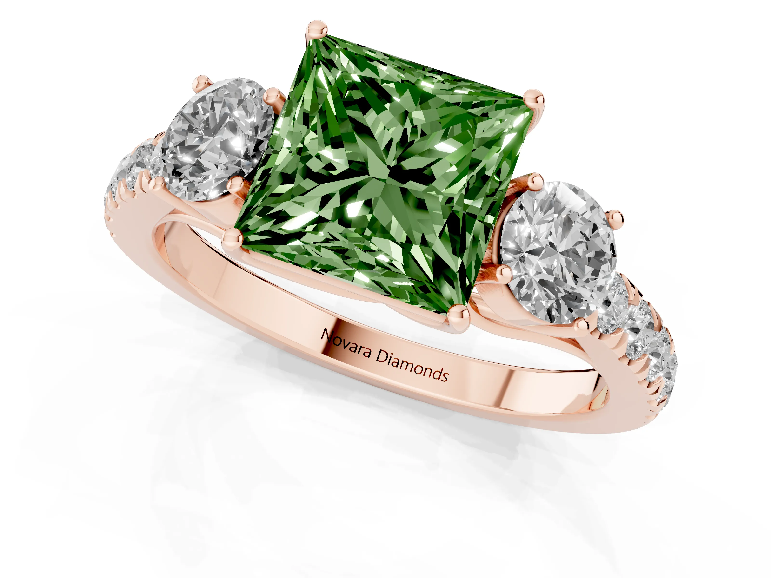 Fancy Green Princess Cut Diamond Three-Stone Ring Set in Rose gold with Round Side Stones and Delicate Pavé Band