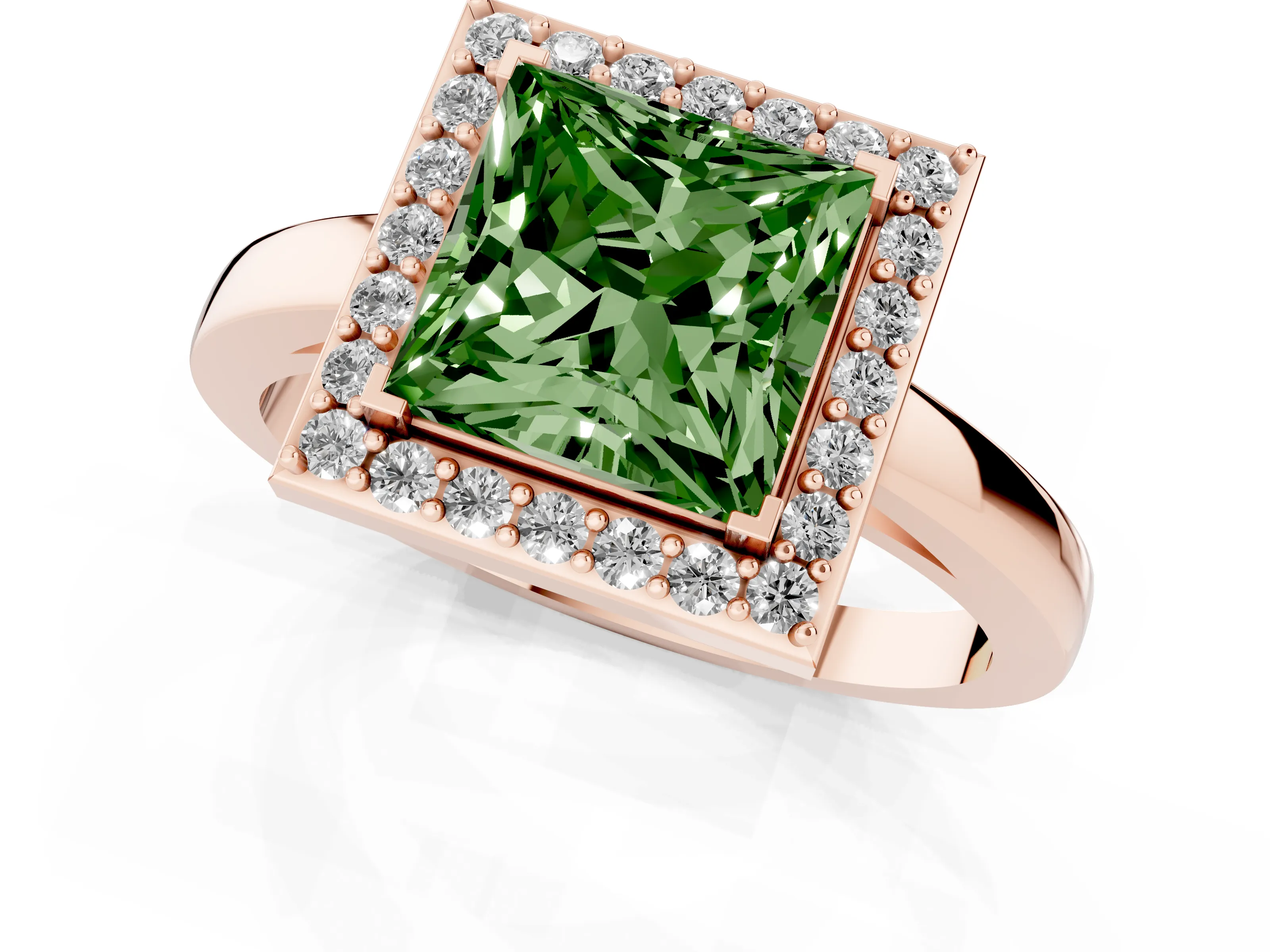 Fancy Green Princess Cut Diamond Halo Ring Set in Rose gold with Solitaire Band and Prong Setting