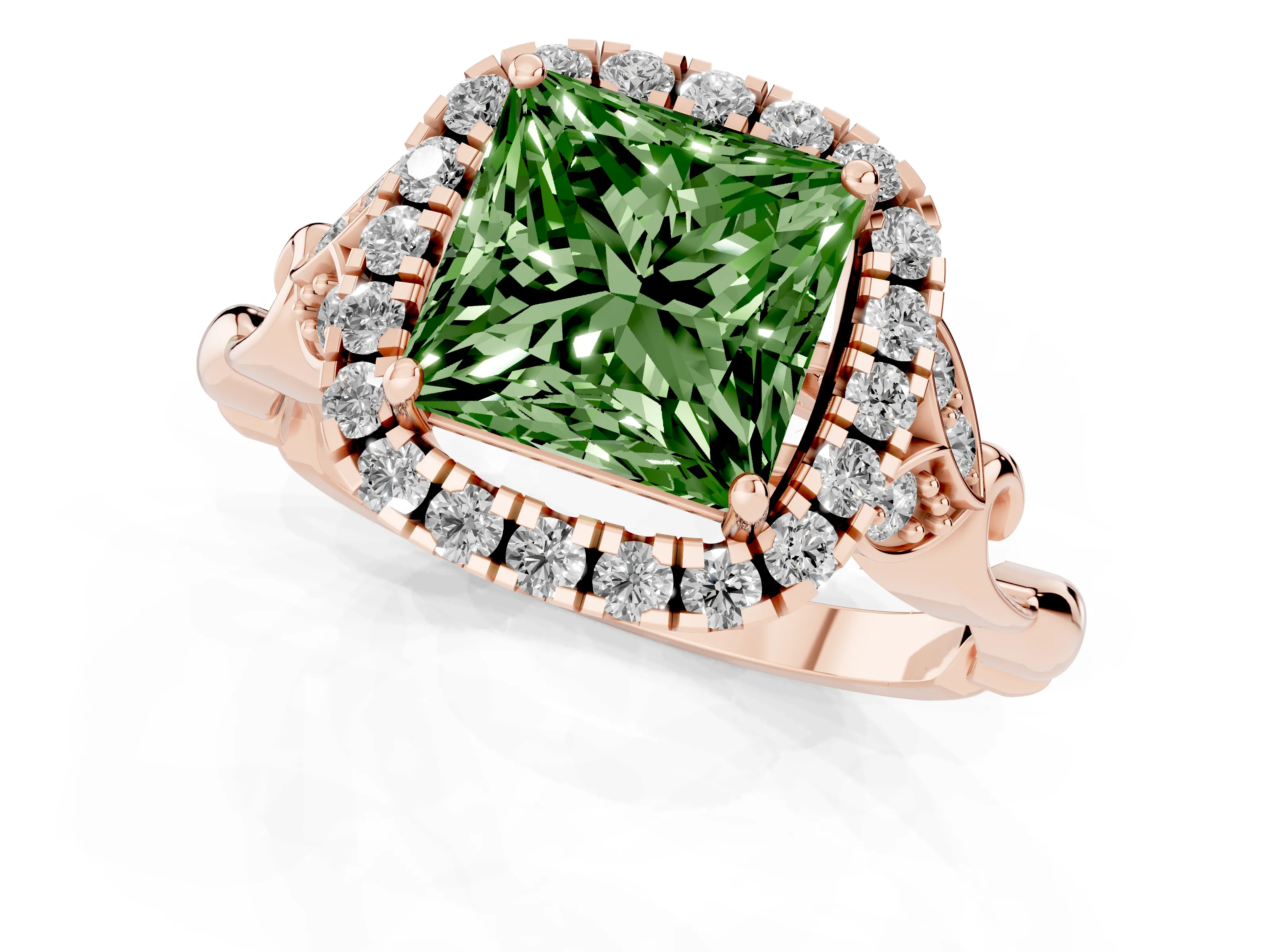 Fancy Green Princess Cut Diamond Halo Engagement Ring Set in Rose gold with Vintage-Inspired Band and Prong Setting