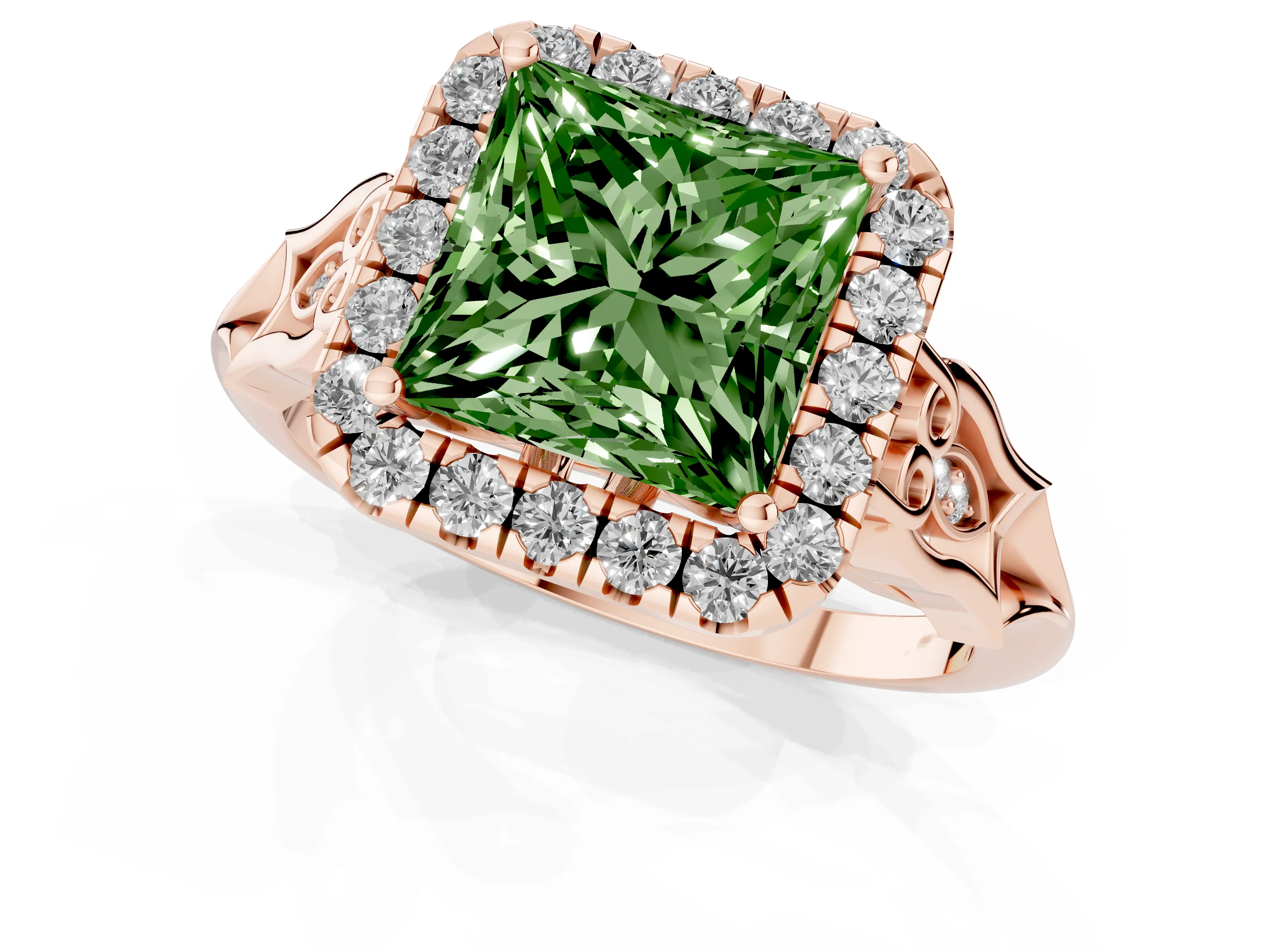 Fancy Green Princess Cut Diamond Halo Engagement Ring Set in Rose gold with Filigree Band and Prong-Set Center