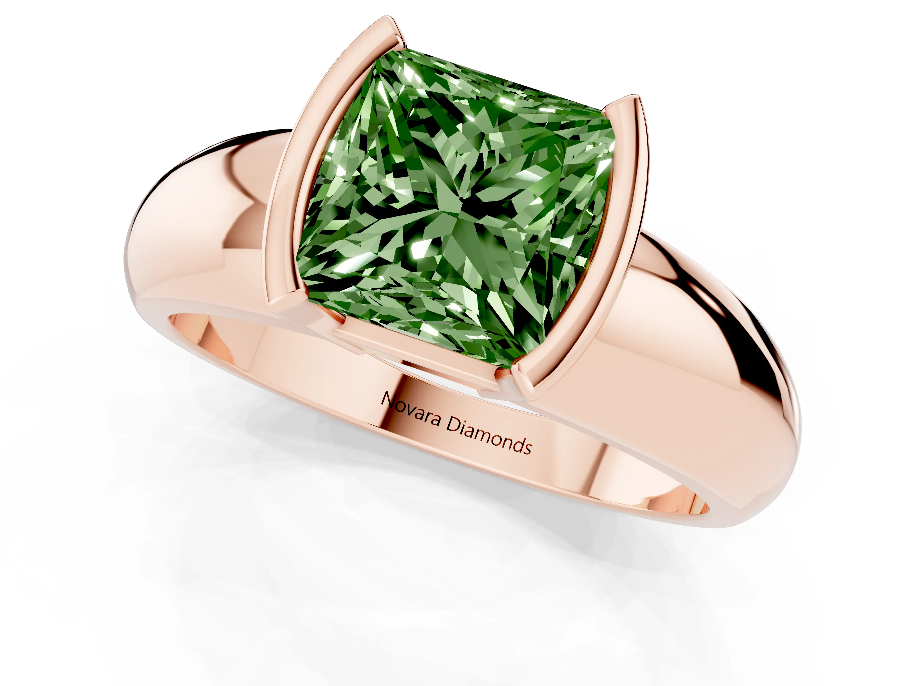 Fancy Green Princess Cut Diamond Solitaire Tension Set Ring Set in Rose gold with Wide Band