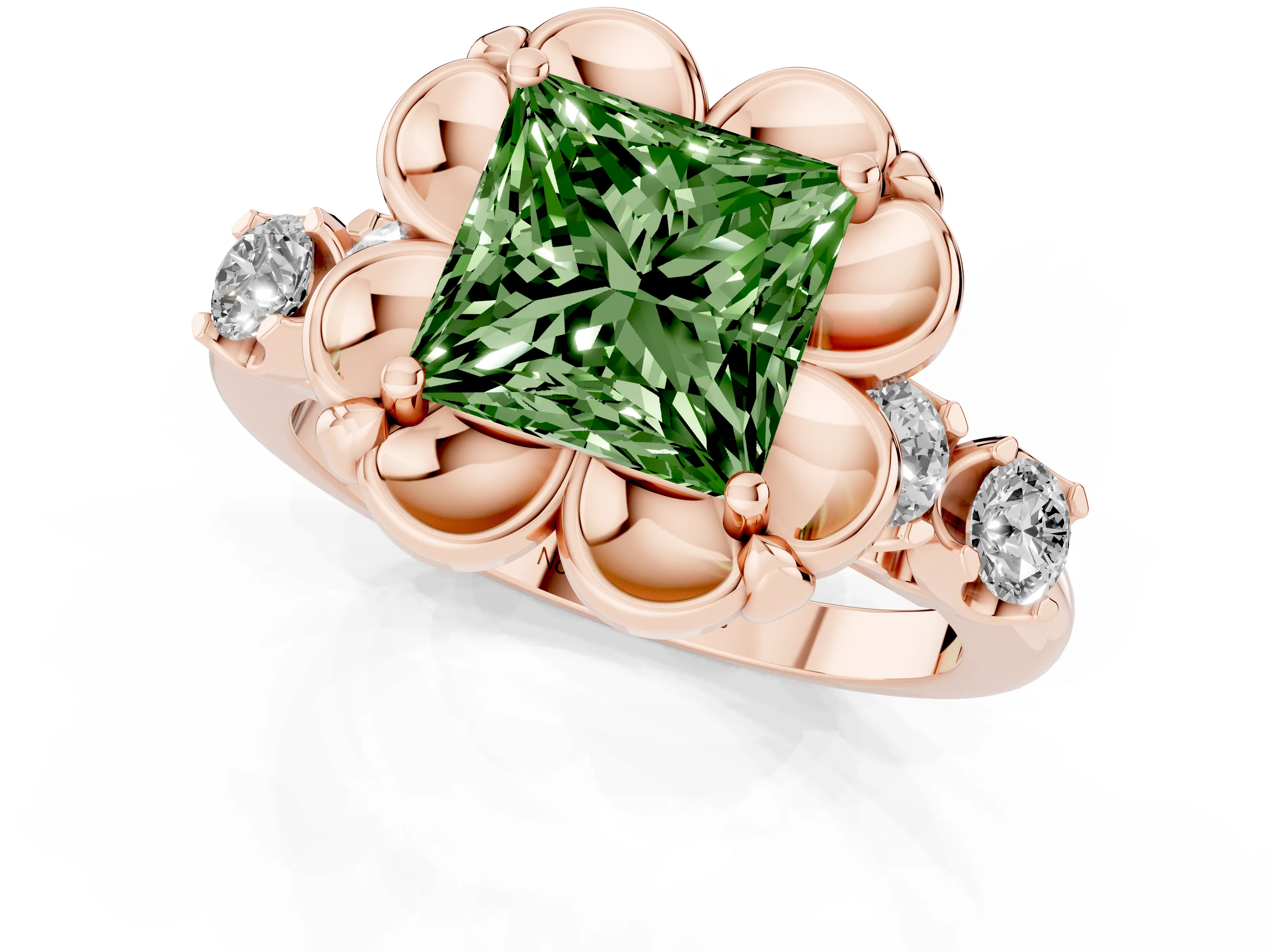 Fancy Green Princess Cut Diamond Floral Halo Ring Set in Rose gold with Shared Prong Band