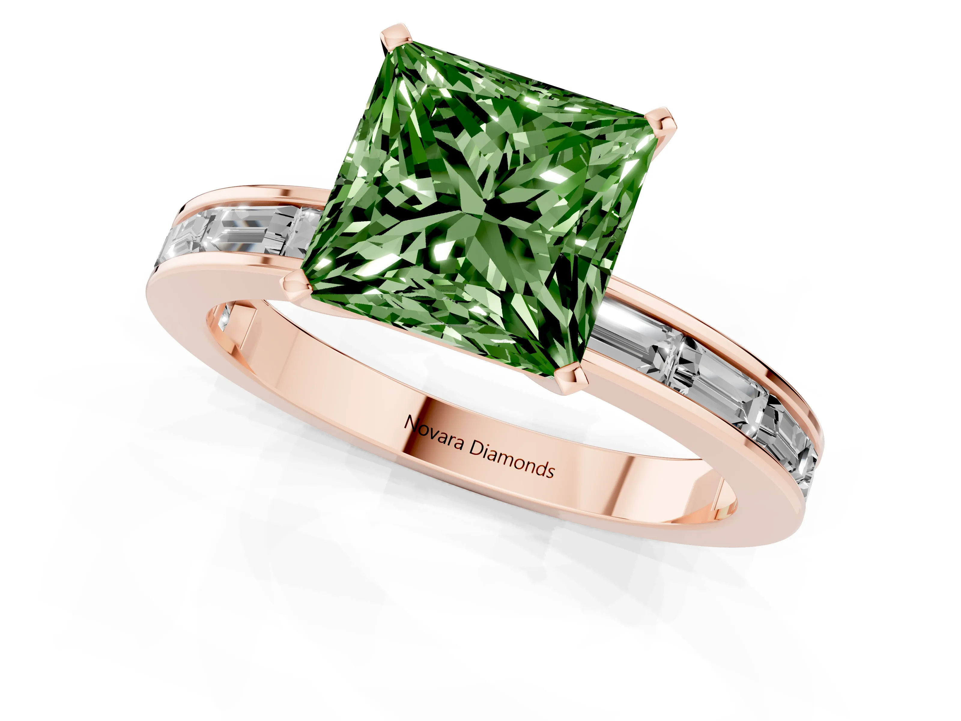 Fancy Green Princess Cut Diamond Solitaire Ring Set in Rose gold with Channel-Set Baguette Band and Prong Setting