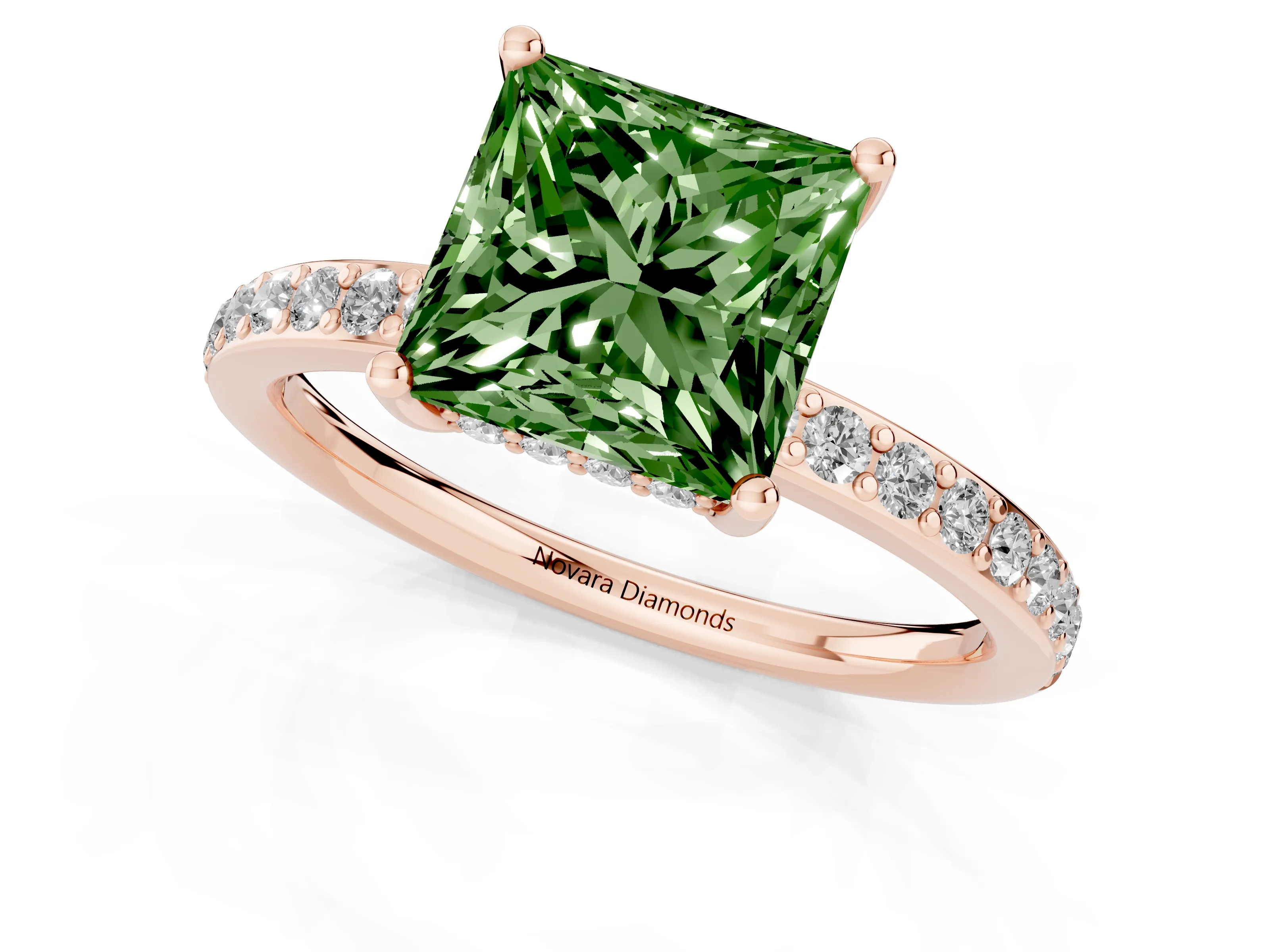 Fancy Green Princess Cut Diamond Pavé Band Ring Set in Rose gold with Prong-Set Center Stone