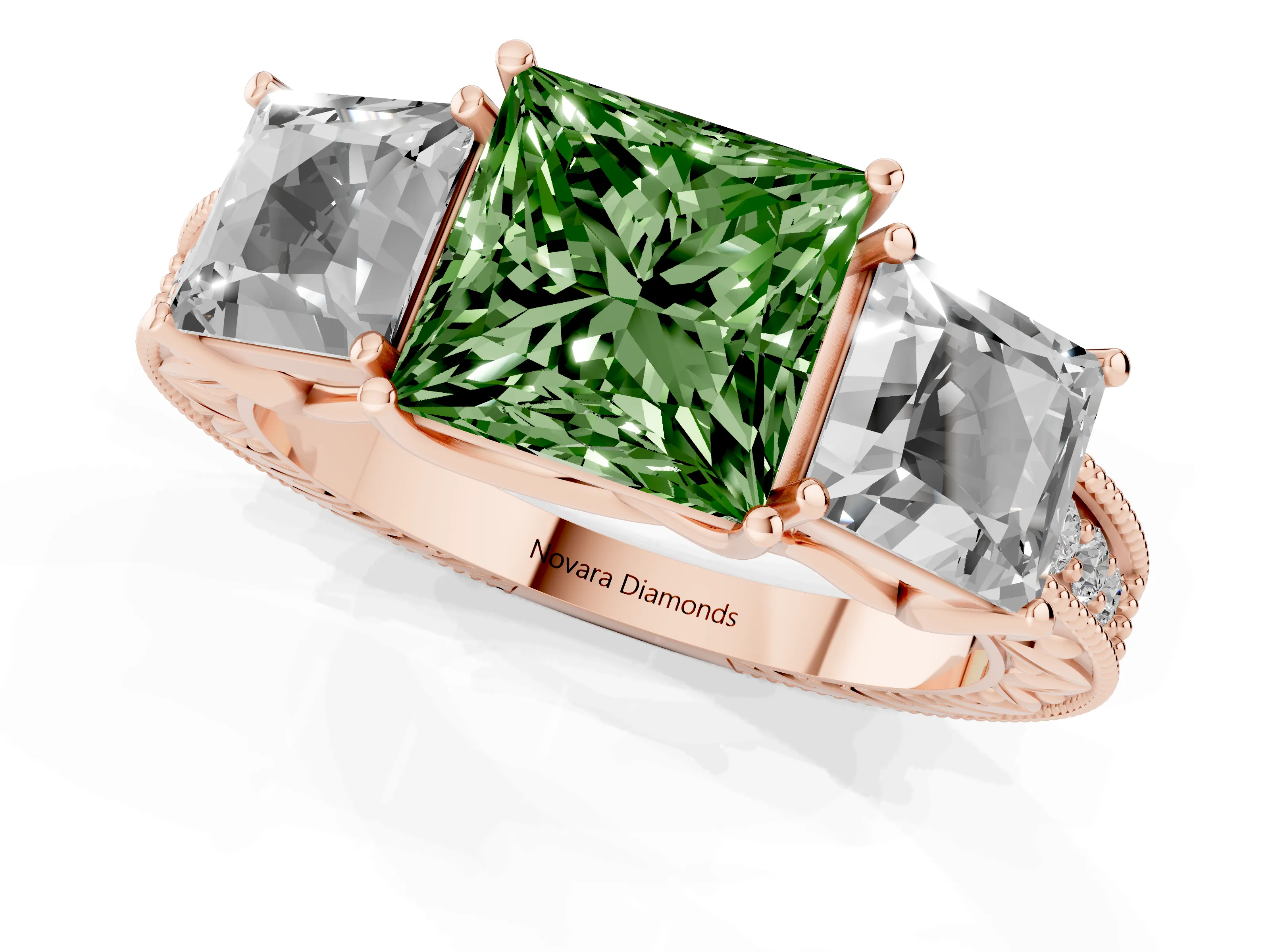 Fancy Green Princess Cut Diamond Three-Stone Engagement Ring Set in Rose gold with Milgrain Pavé Band