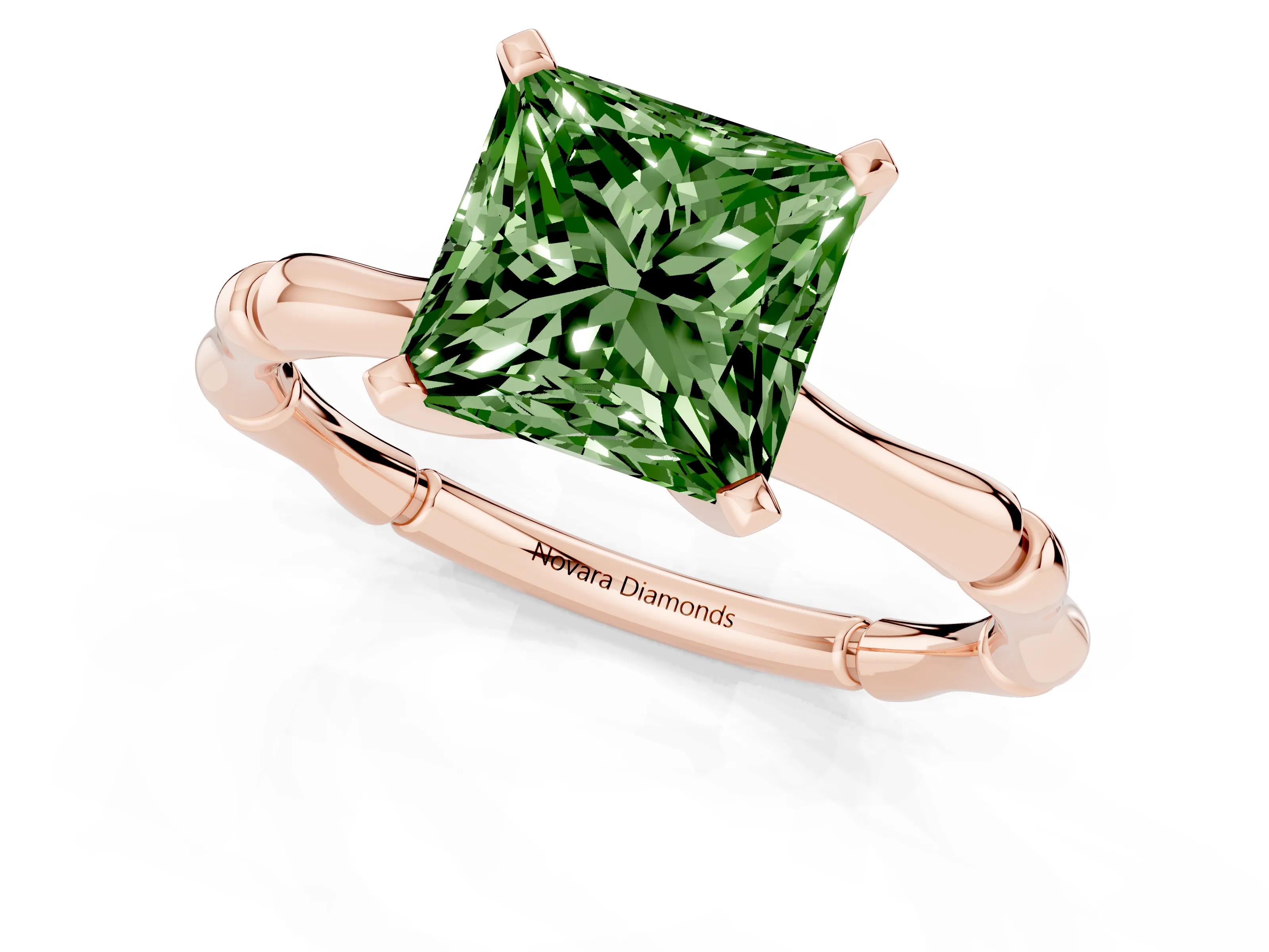 Fancy Green Princess Cut Diamond Solitaire Ring Set in Rose gold with Bamboo Band and Prong Setting – second view