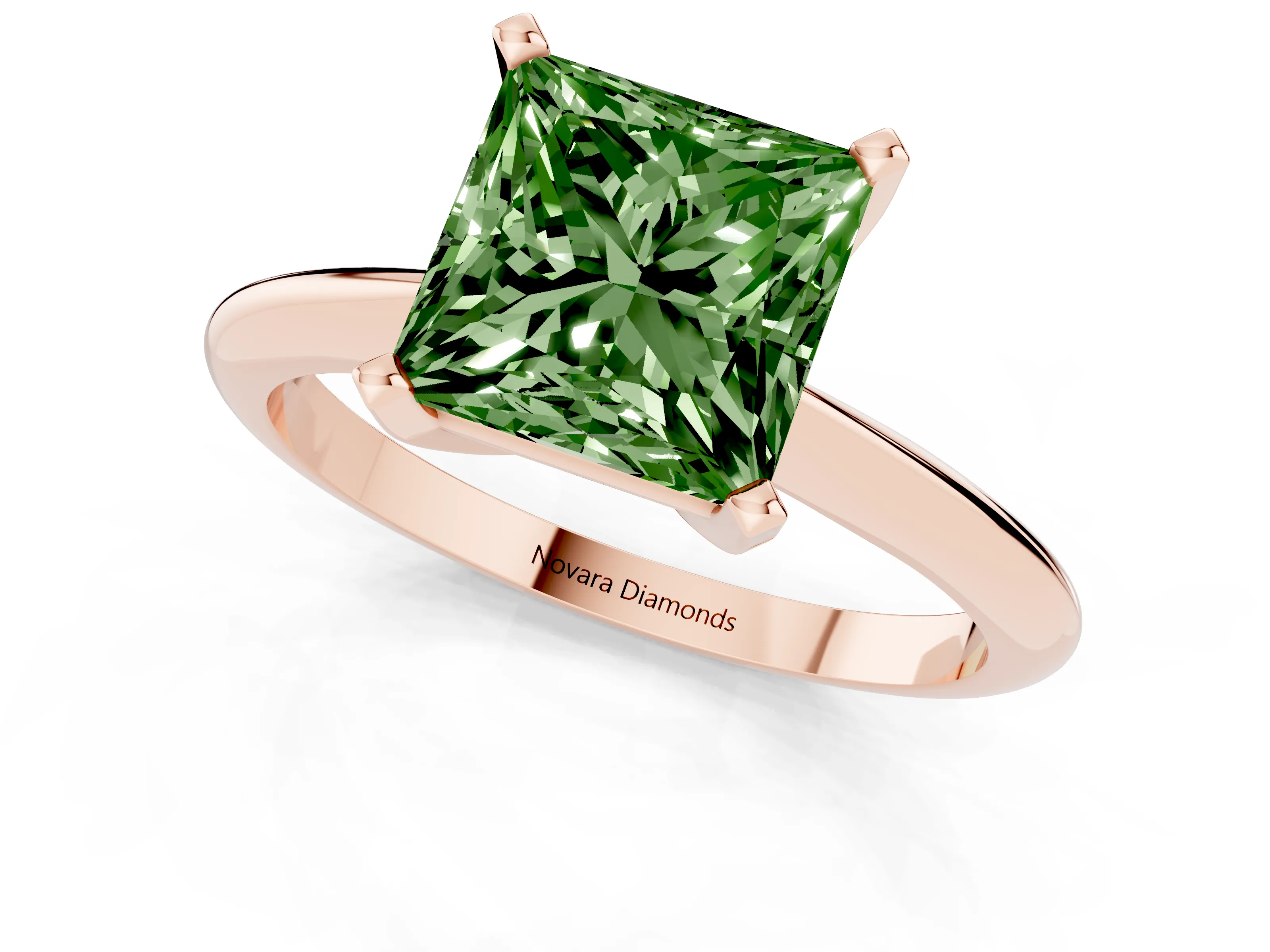 Fancy Green Princess Cut Diamond Solitaire Ring Set in Rose gold with Prong Setting on a Plain Round Band