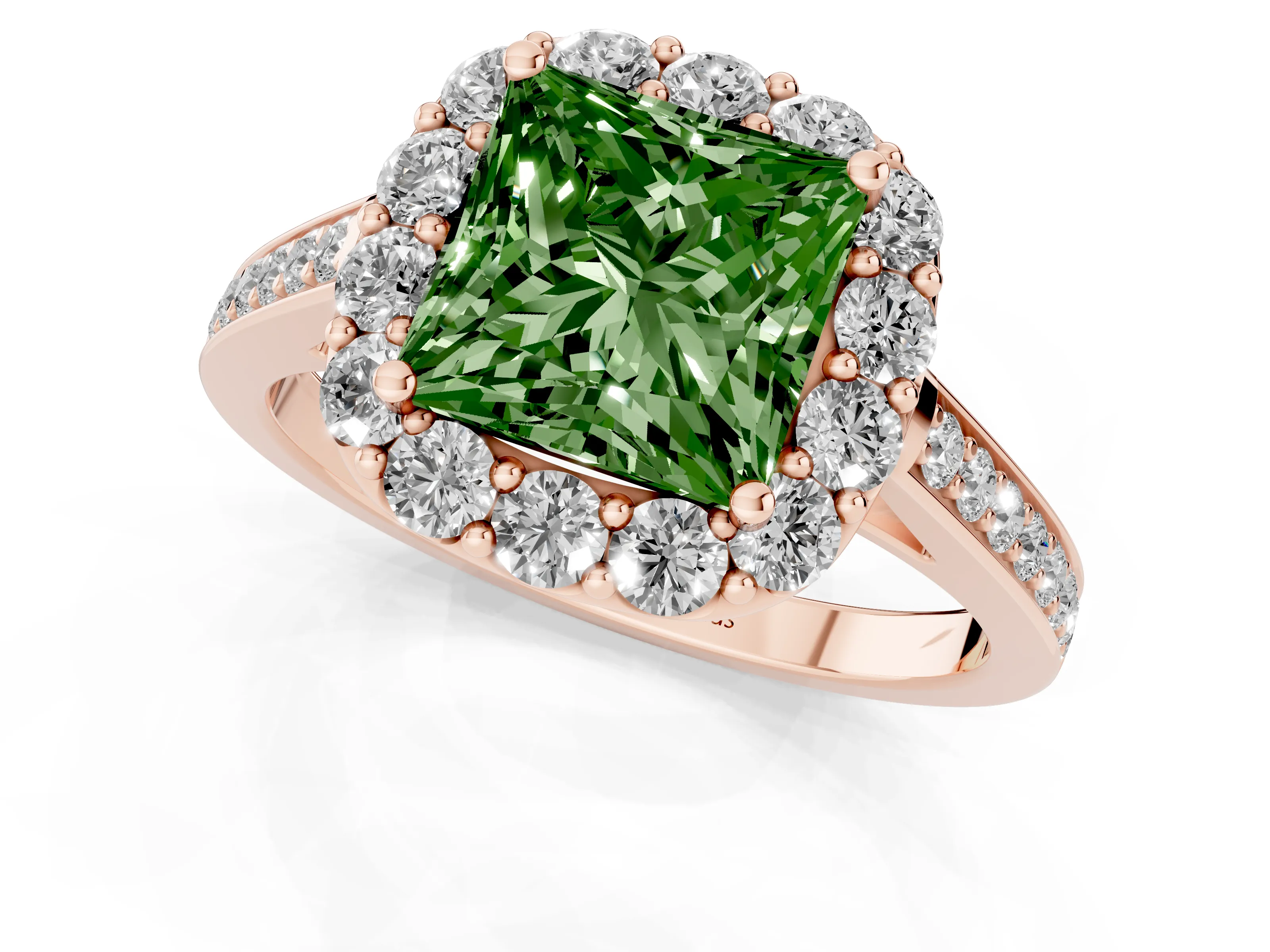 Fancy Green Princess Cut Diamond Floral Halo Ring Set in Rose gold with Pavé Band and Prong Setting
