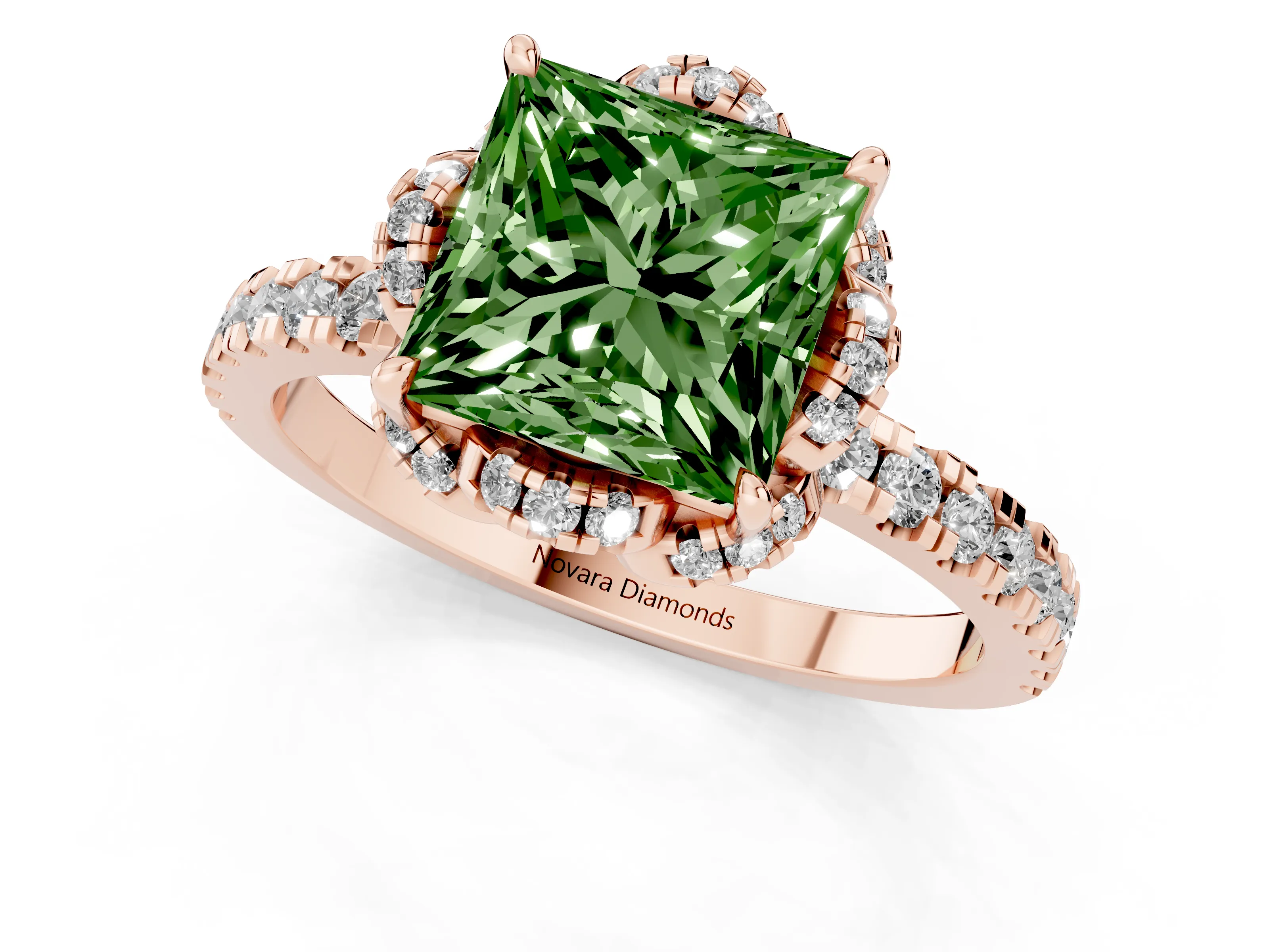 Fancy Green Princess Cut Diamond Halo Pavé Band Ring Set in Rose gold with Prong-Held Center