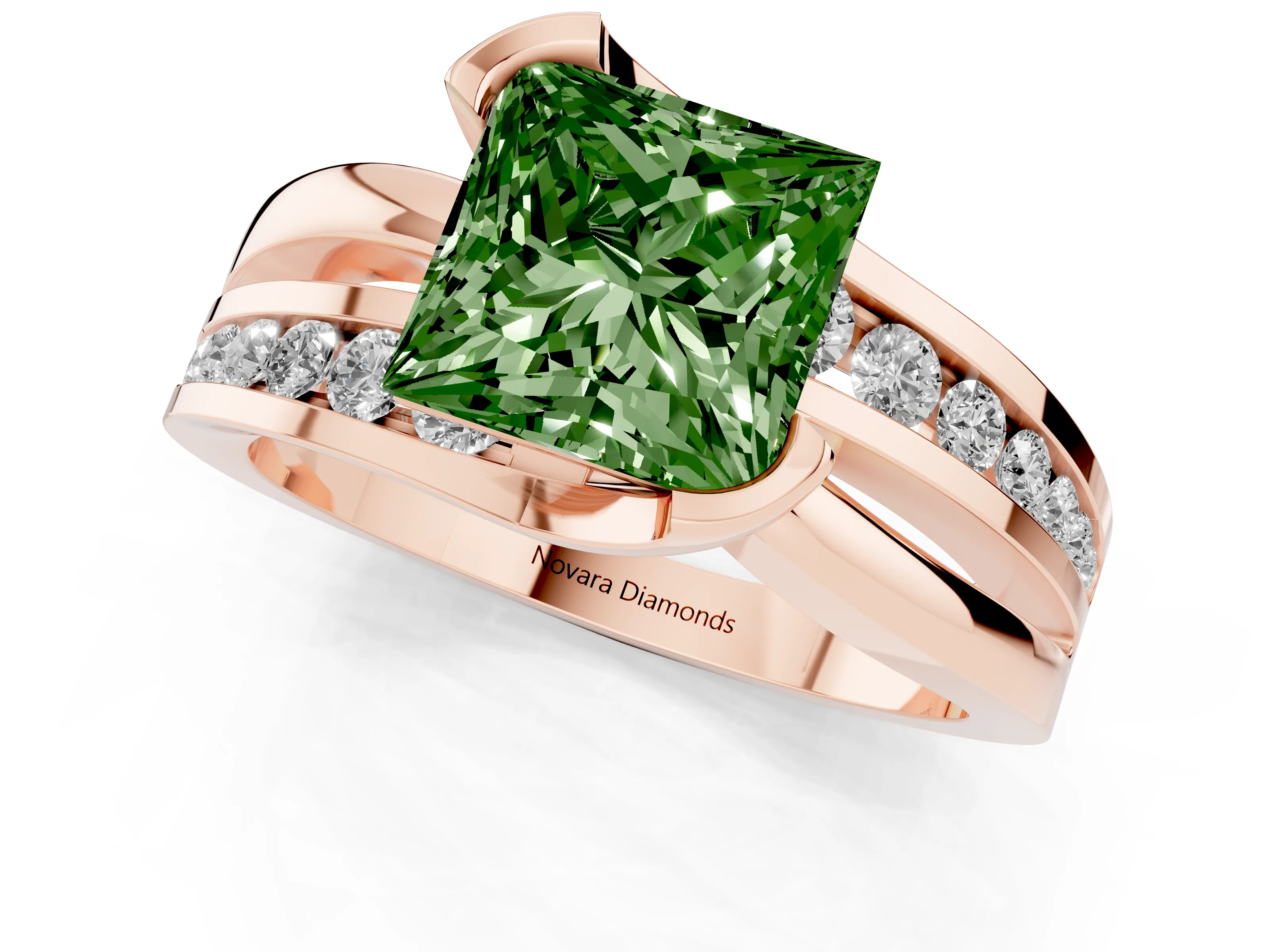 Fancy Green Princess Cut Diamond Solitaire Ring Set in Rose gold with Channel Set Split Shank and Tension Prongs