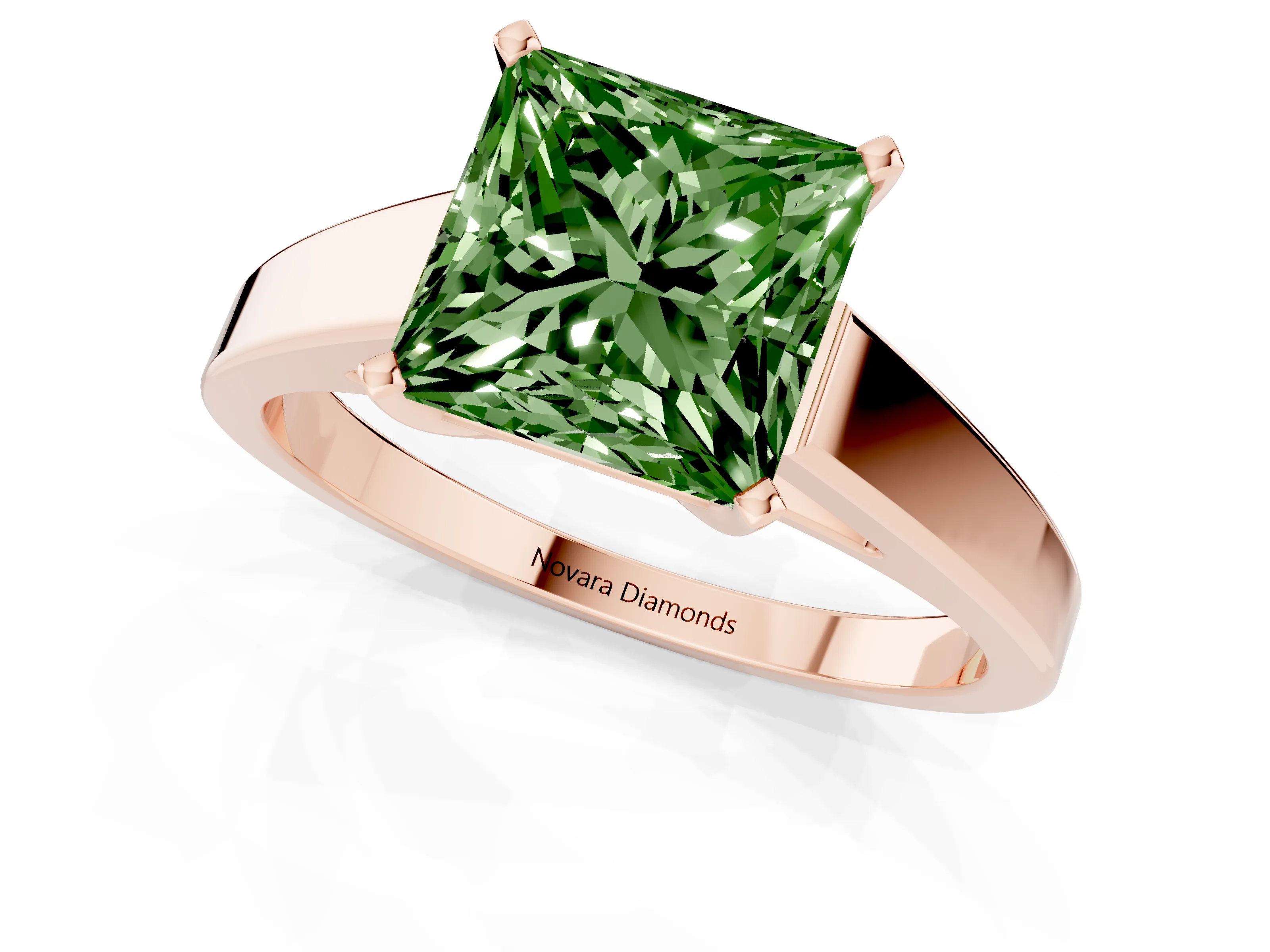 Fancy Green Princess Cut Diamond Solitaire Engagement Ring Set in Rose gold with Prong Setting and Tapered Band