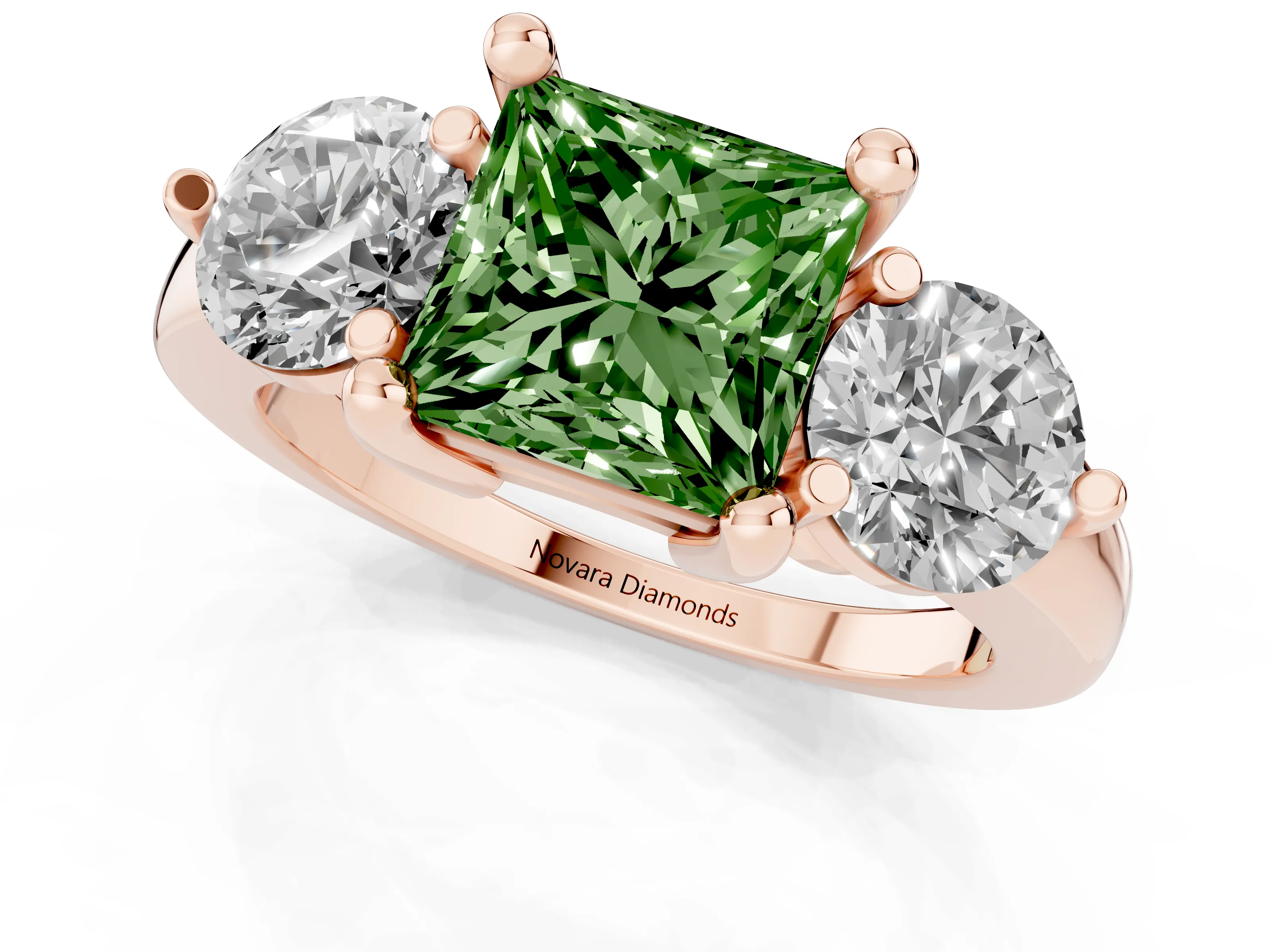 Fancy Green Princess Cut Diamond Three-Stone Ring Set in Rose gold with Prong Setting and Classic Band