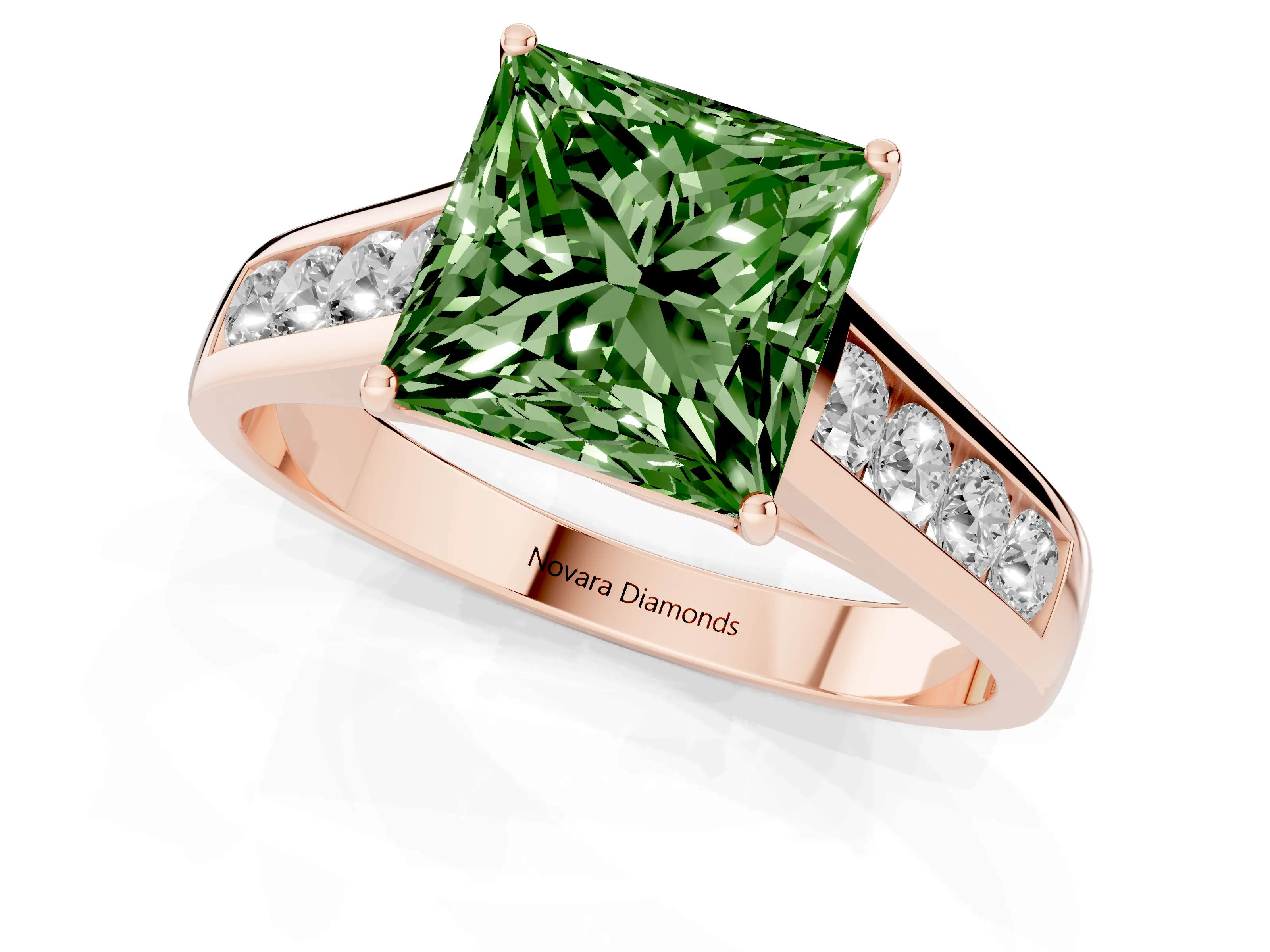 Fancy Green Princess Cut Diamond Solitaire Channel-Set Engagement Ring Set in Rose gold with Prong Setting