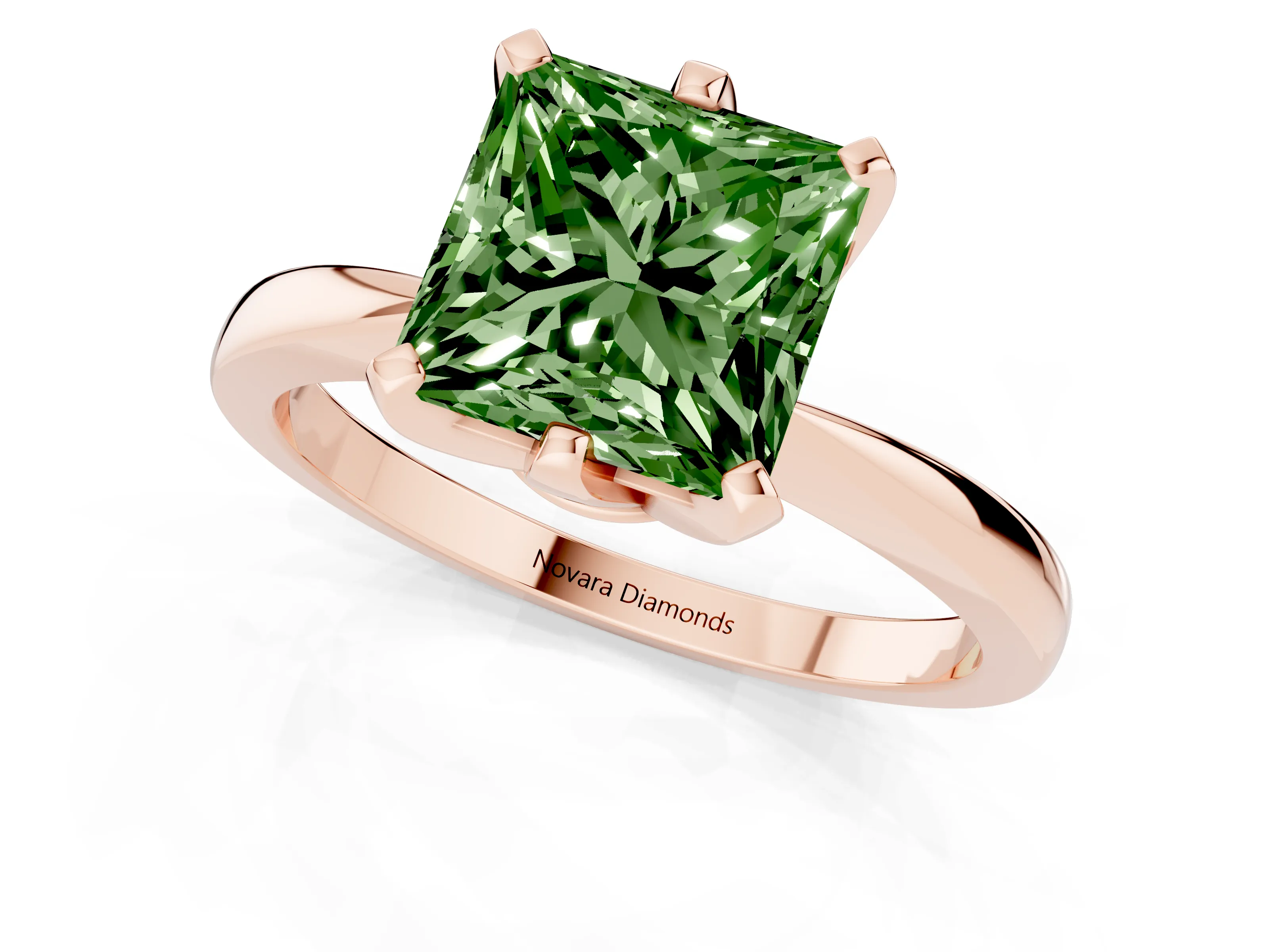 Fancy Green Princess Cut Diamond Solitaire Engagement Ring Set in Rose gold with Slim Tapered Solitaire Band