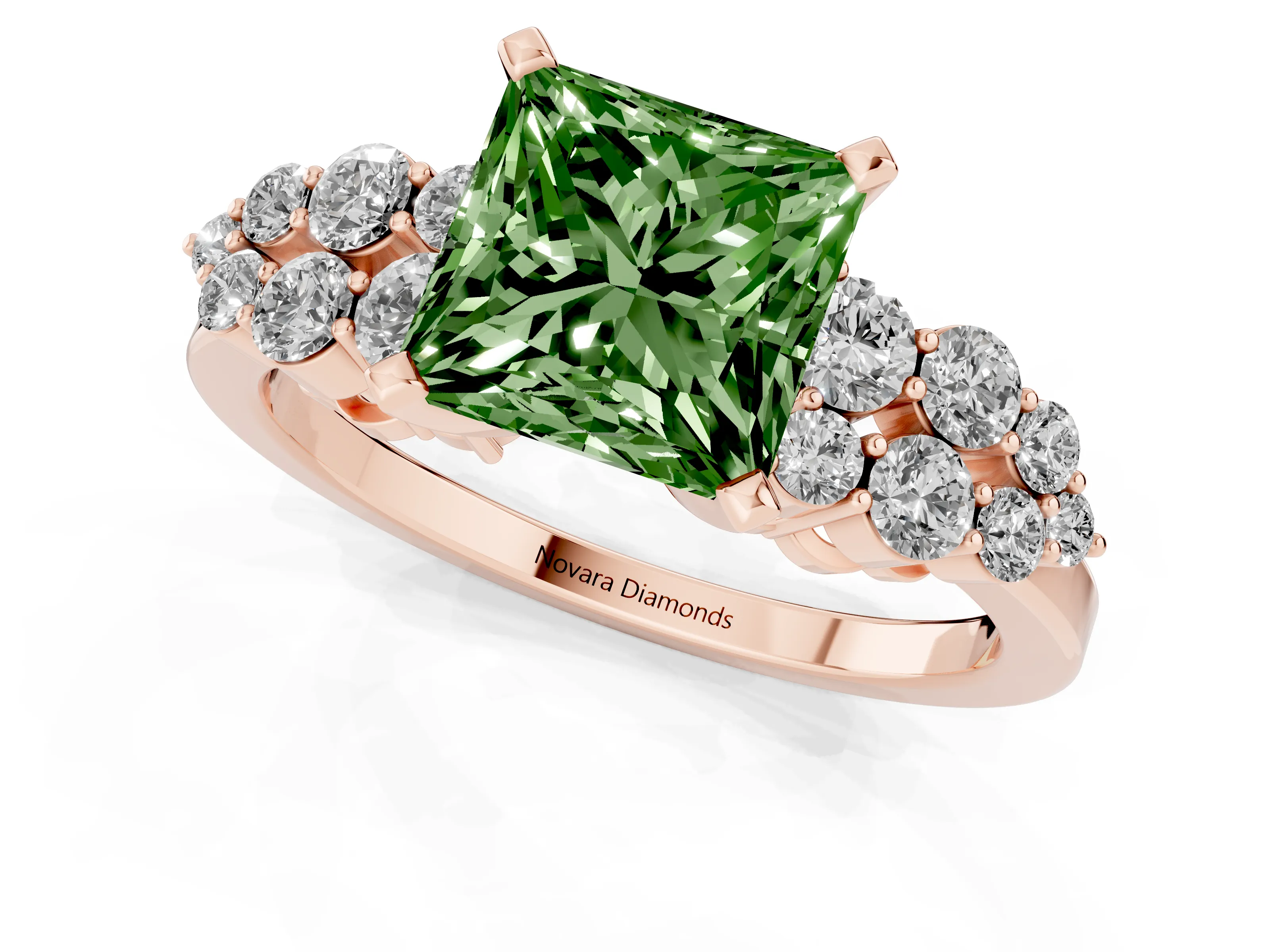 Fancy Green Princess Cut Diamond Cluster Engagement Ring Set in Rose gold with Pavé Band and Prong Setting