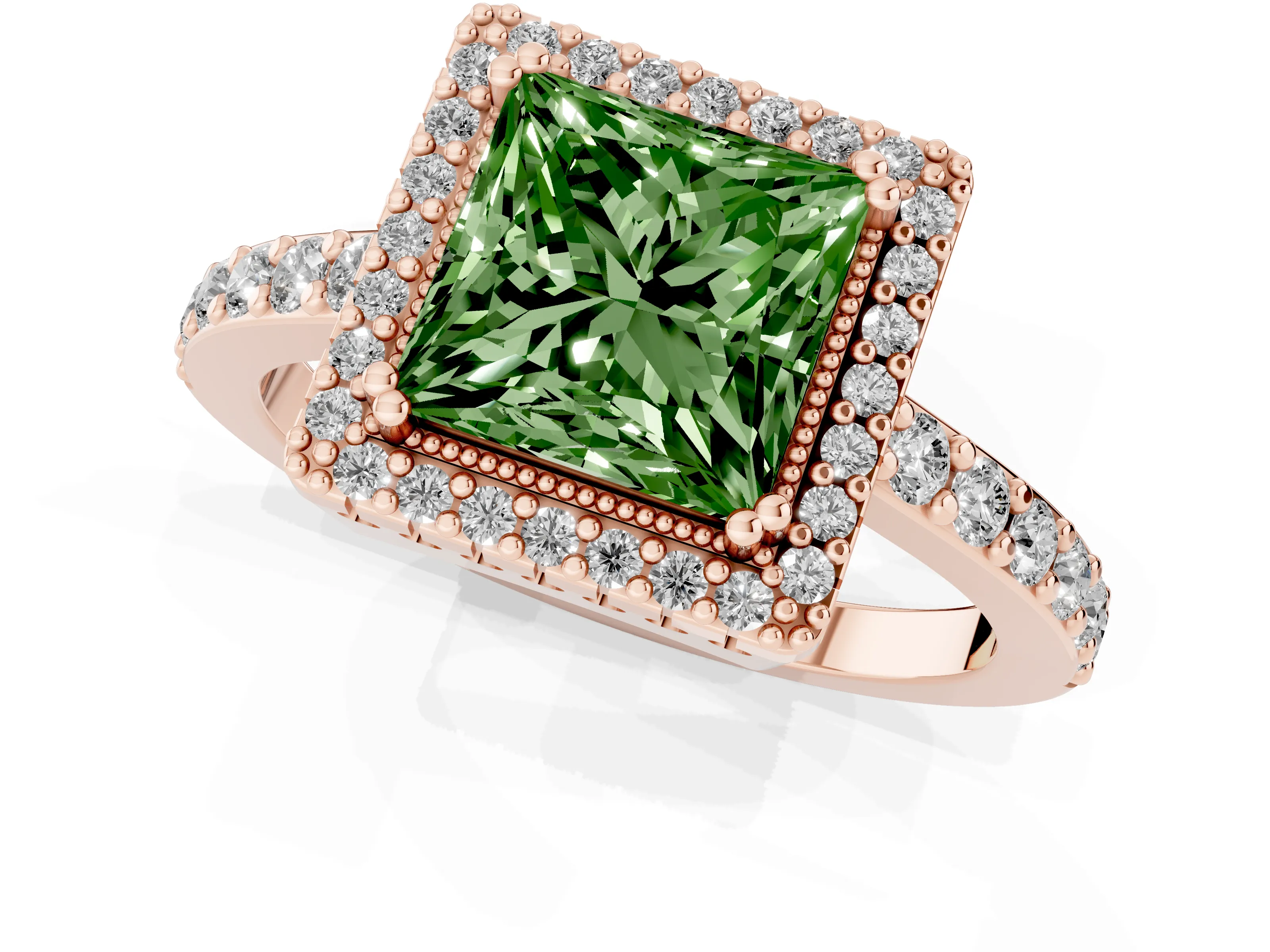 Fancy Green Princess Cut Diamond Halo Engagement Ring Set in Rose gold with Milgrain Detail and Pavé Band