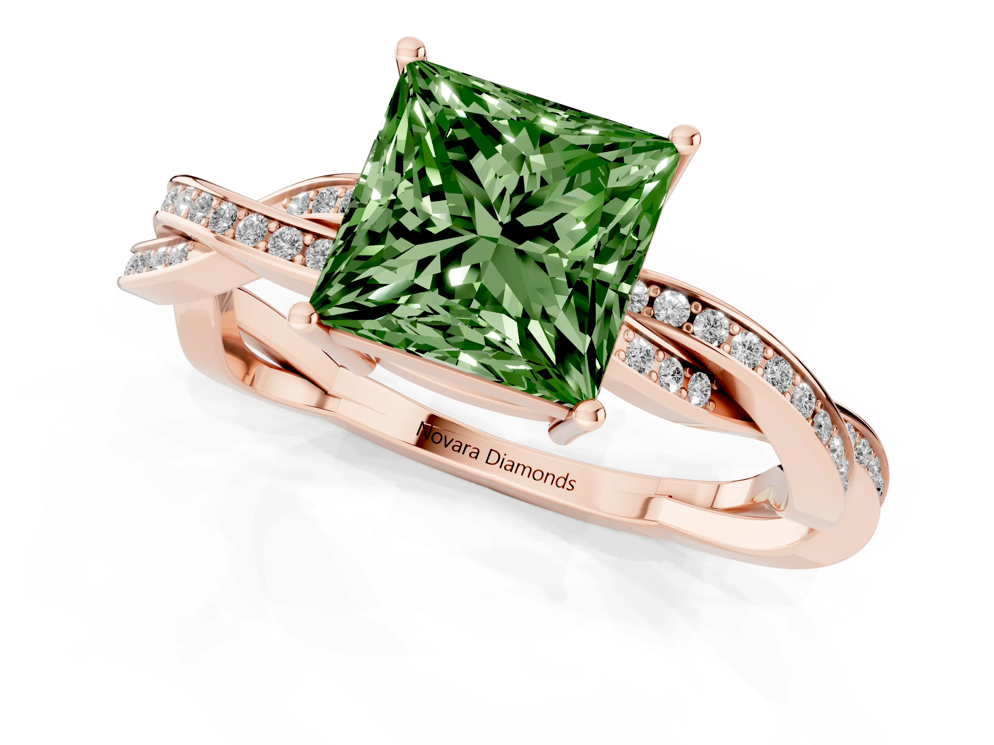 Fancy Green Princess Cut Diamond Solitaire Twisted Pavé Ring Set in Rose gold with Prong Setting