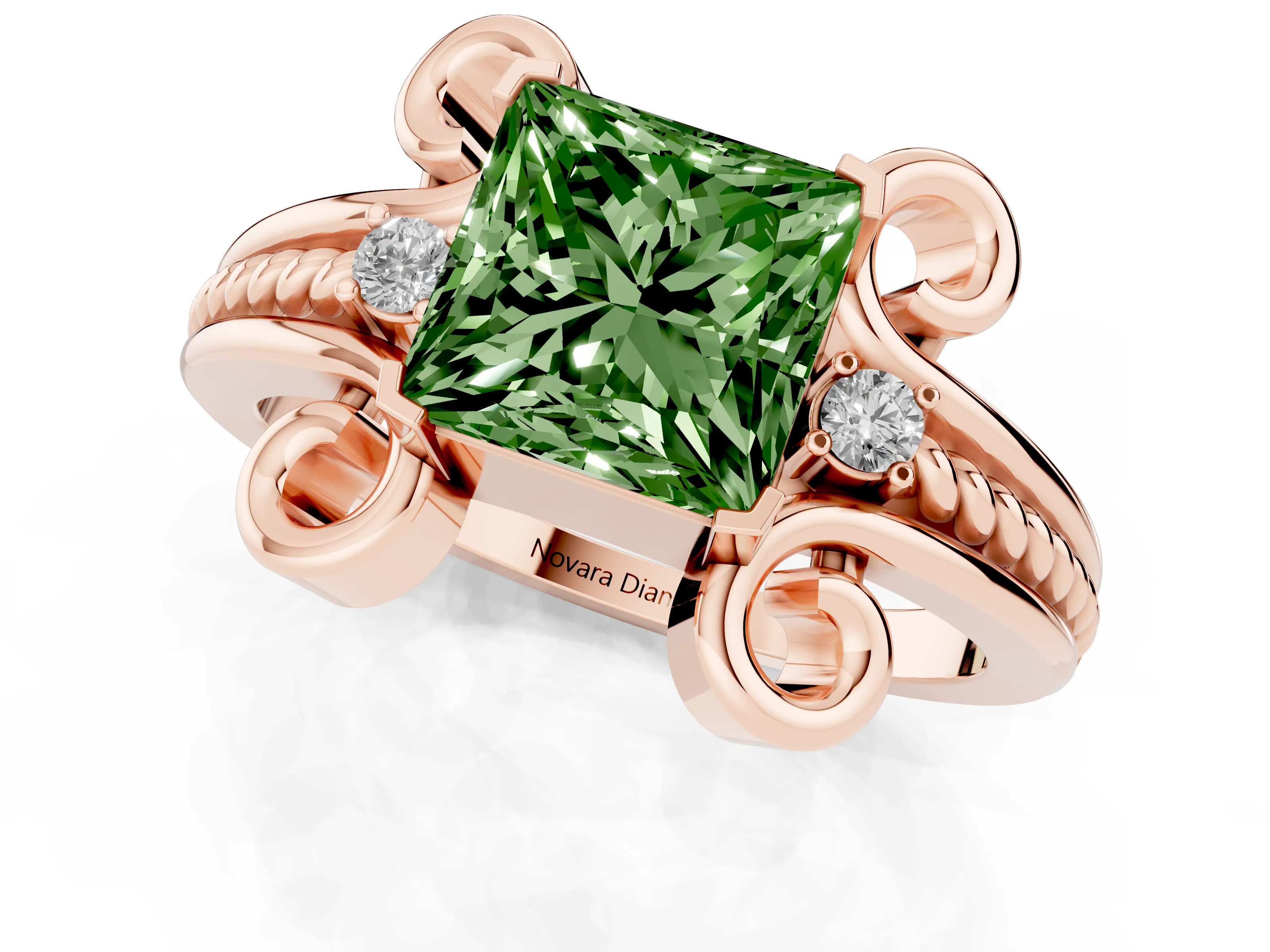 Fancy Green Princess Cut Diamond Twisted Band Solitaire Ring Set in Rose gold with Scroll Prongs