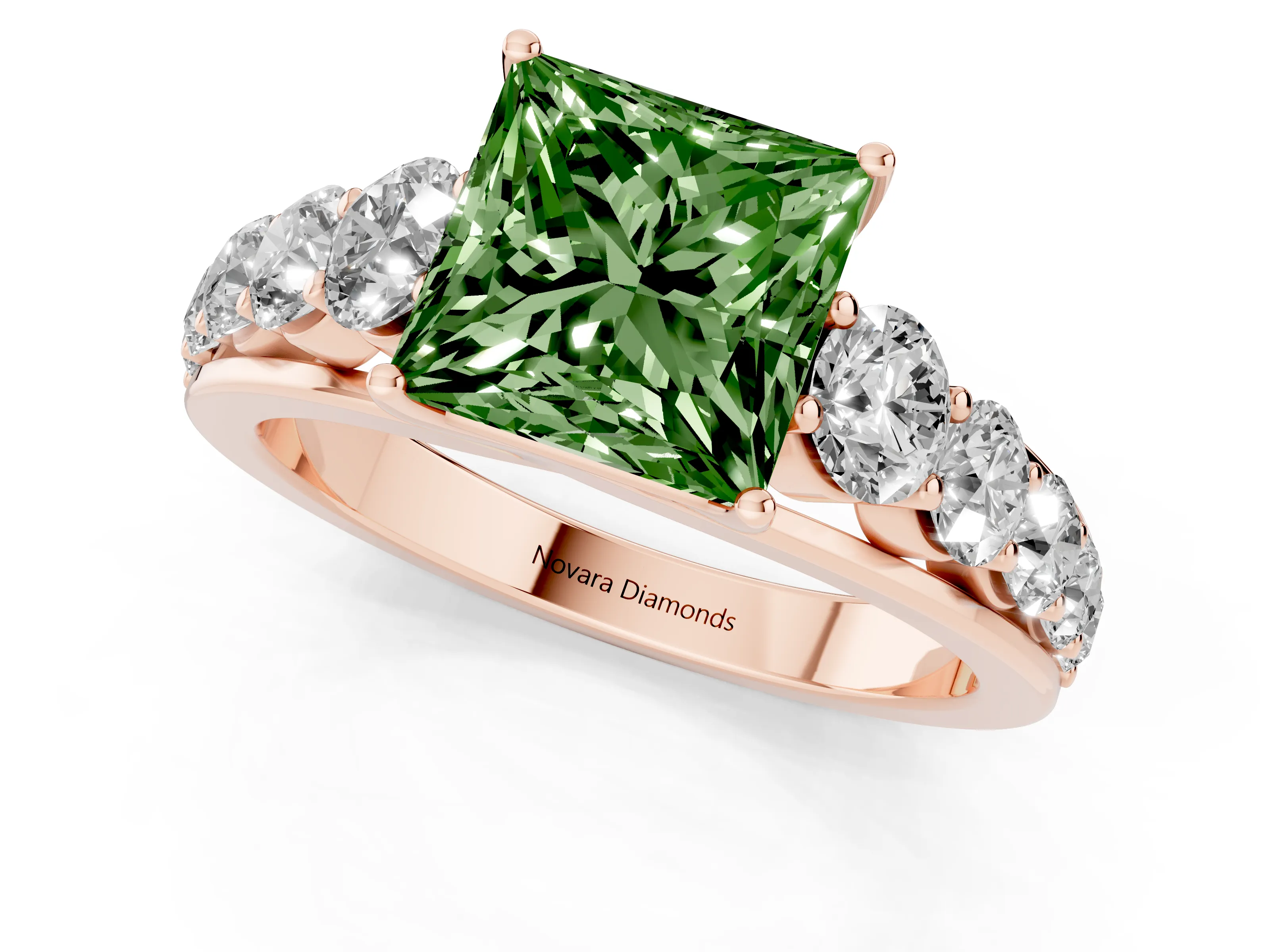 Fancy Green Princess Cut Diamond Solitaire Ring Set in Rose gold with Pavé-Set Band and Prong Setting