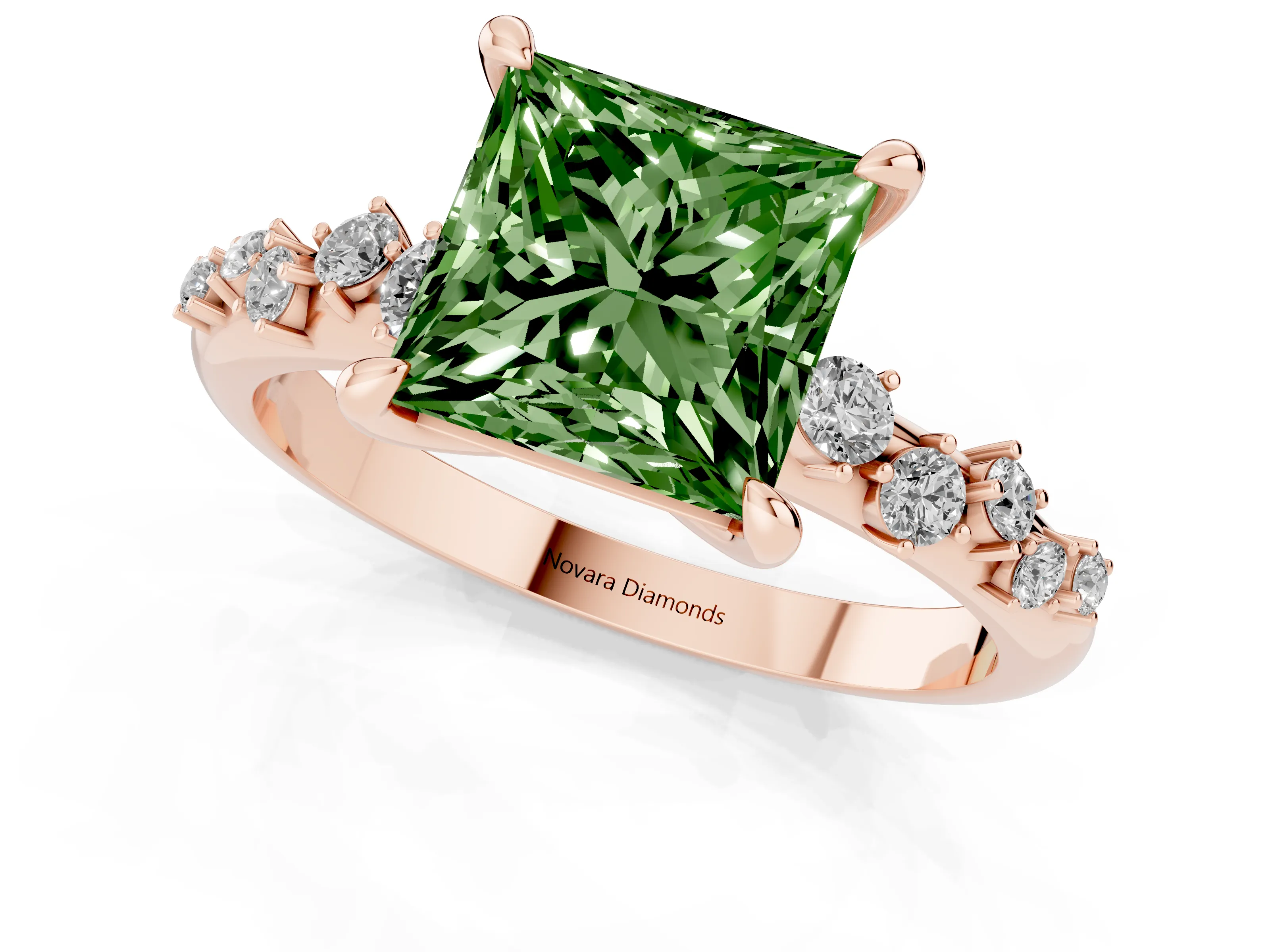 Fancy Green Princess Cut Diamond Solitaire Vine Band Ring Set in Rose gold with Round Accents and Prong Setting – second view