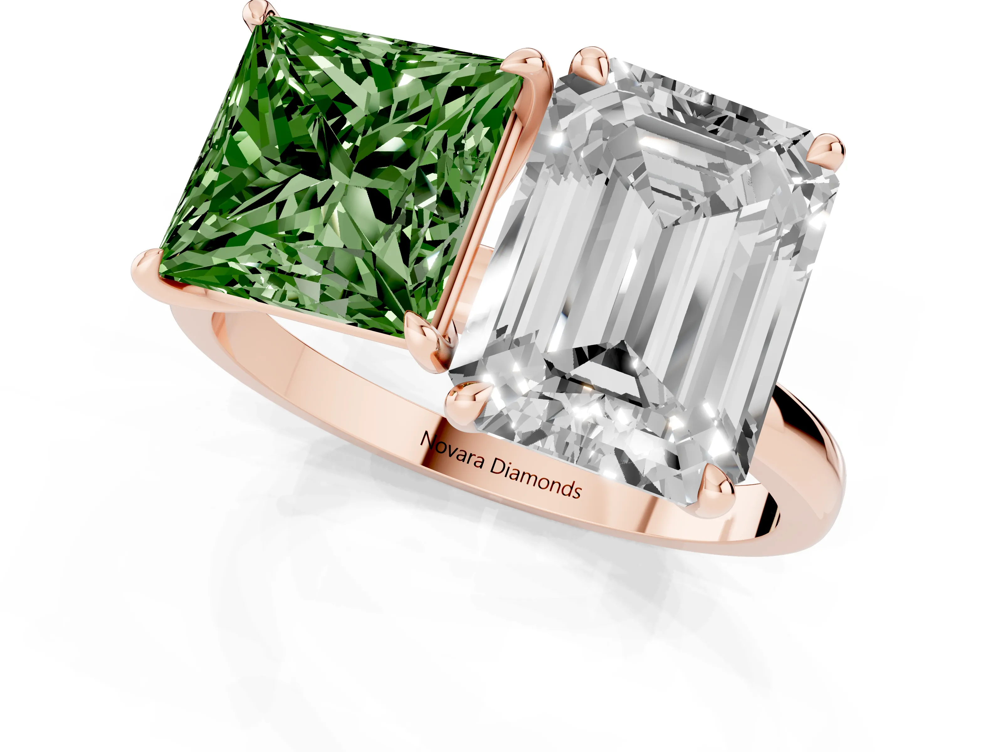 Fancy Green Princess Cut and Emerald Cut Toi Moi Ring Set in Rose gold with Prong Setting