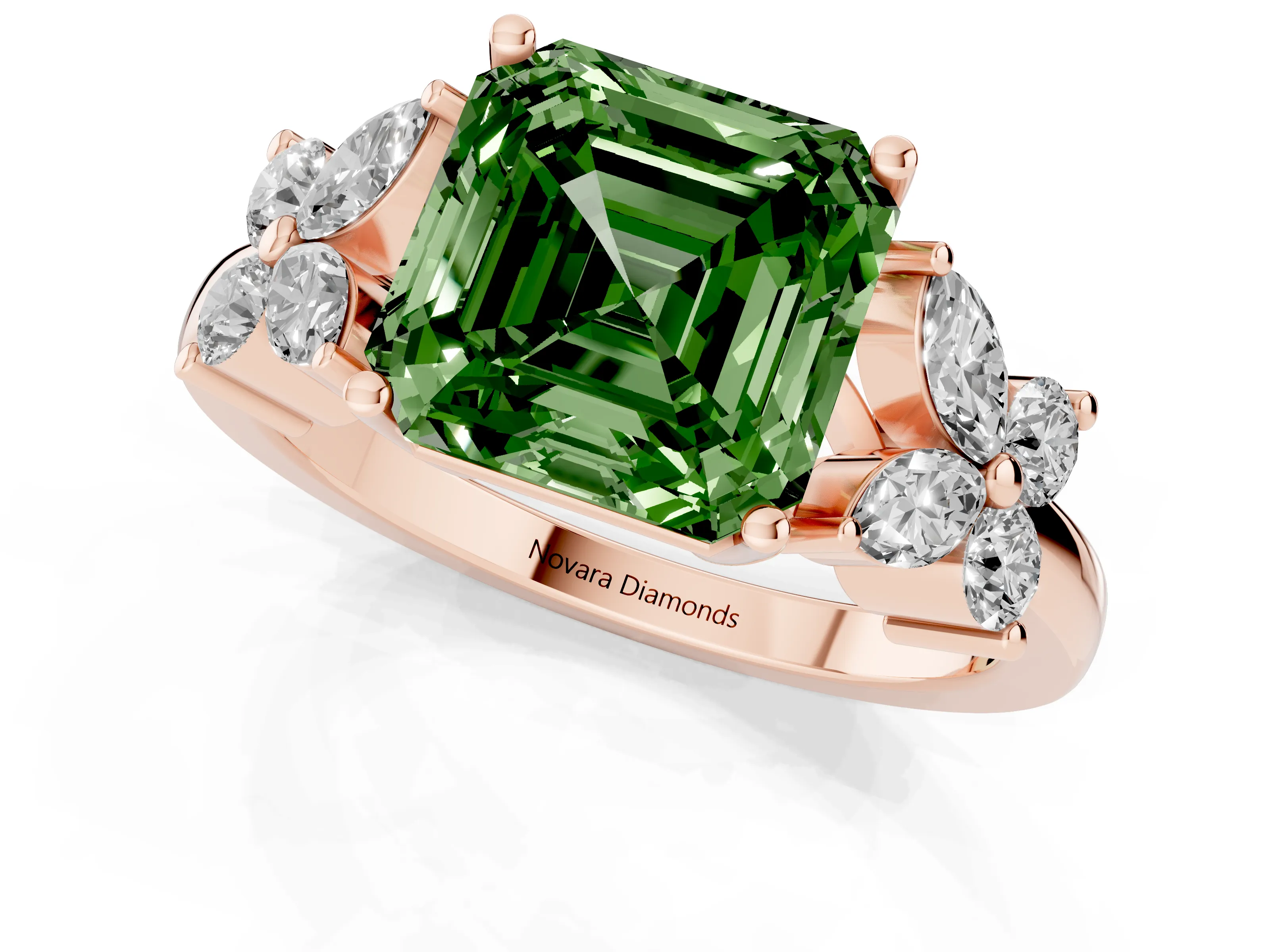 Fancy Green Princess Cut Diamond Floral Cluster Ring Set in Rose gold with Marquise Petals and Prong Setting