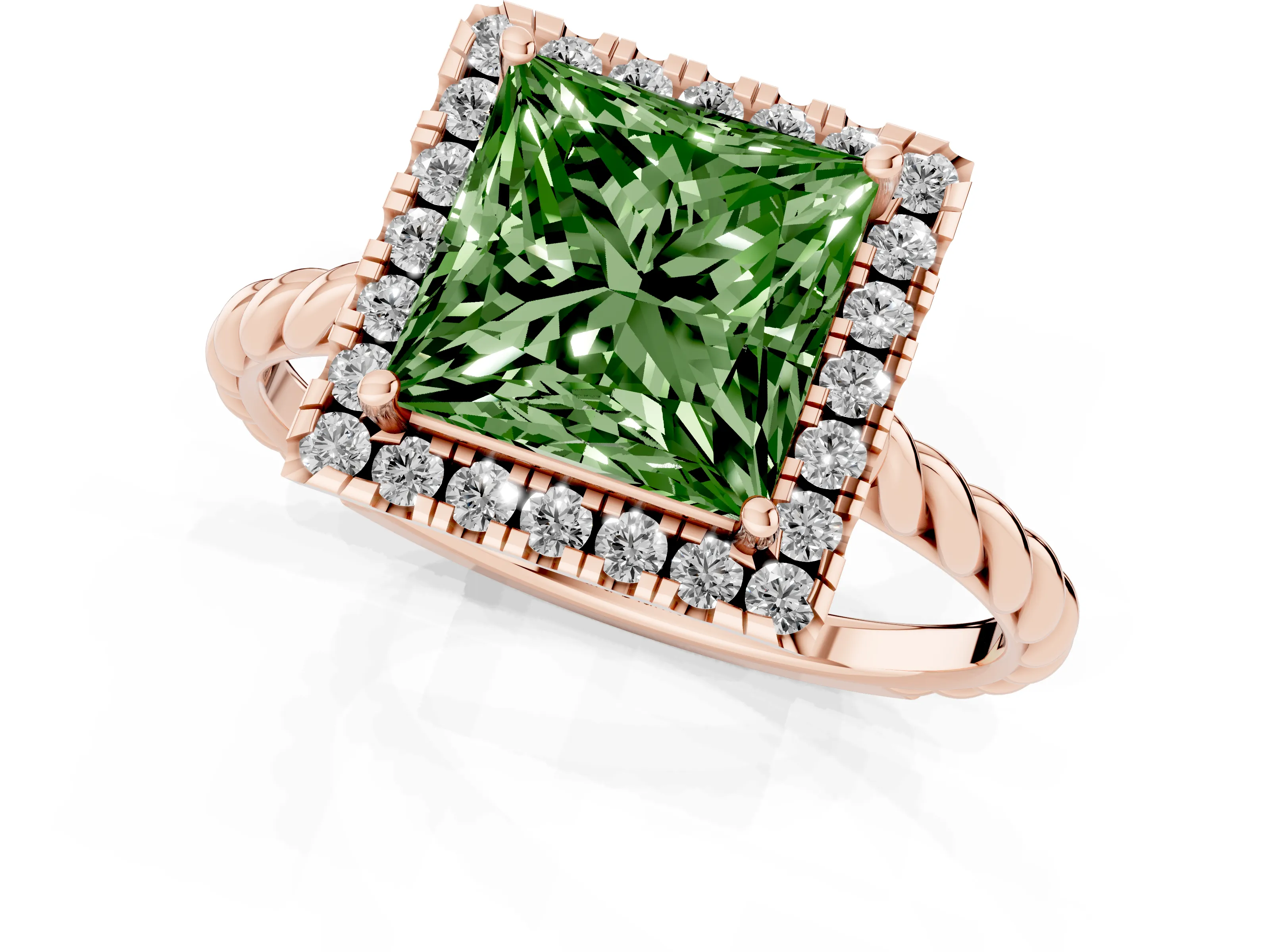 Fancy Green Princess Cut Diamond Halo Ring Set in Rose gold with Plain Twisted Band