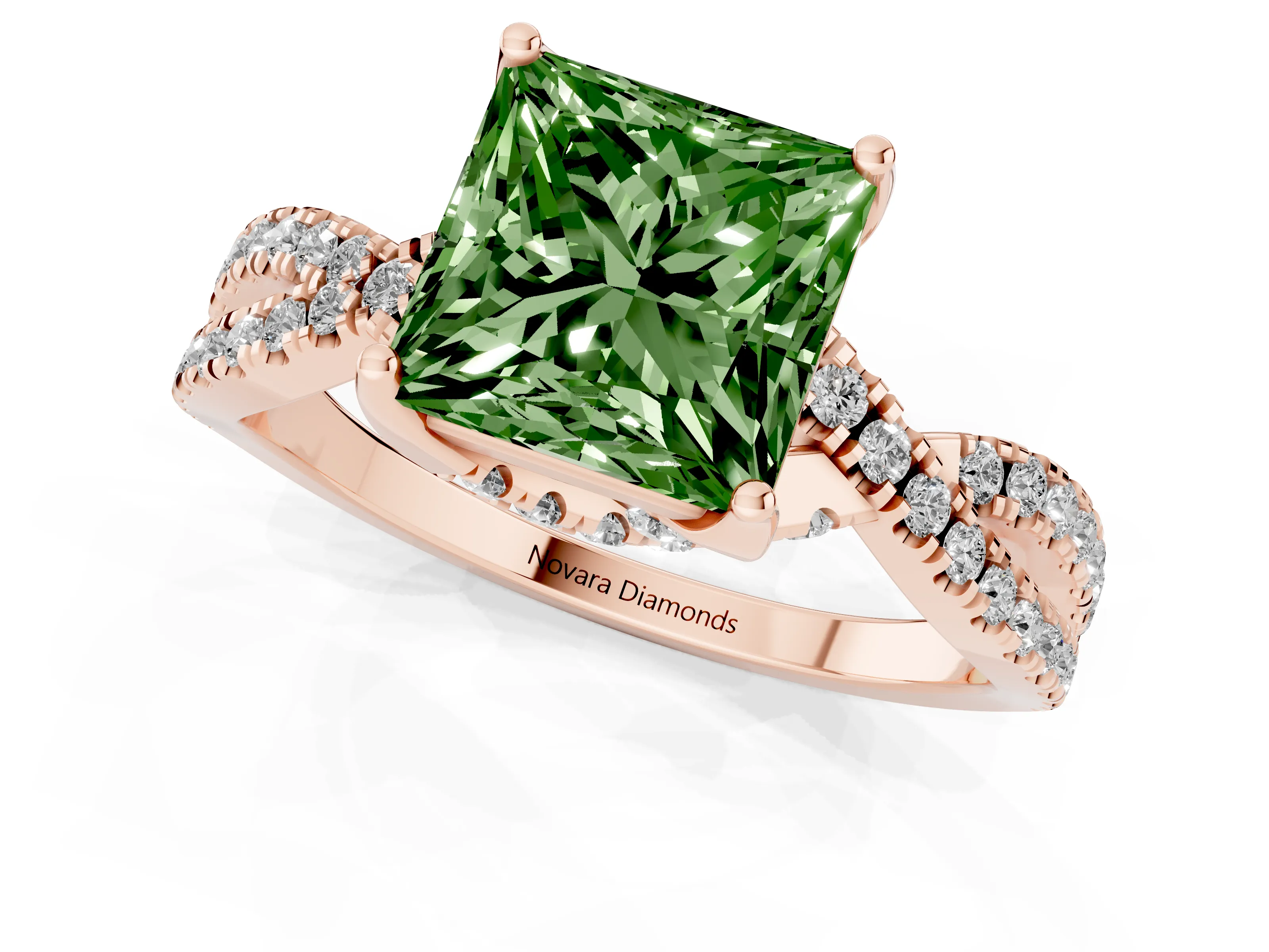 Fancy Green Princess Cut Diamond Twist Pavé Solitaire Engagement Ring Set in Rose gold with Prong Setting