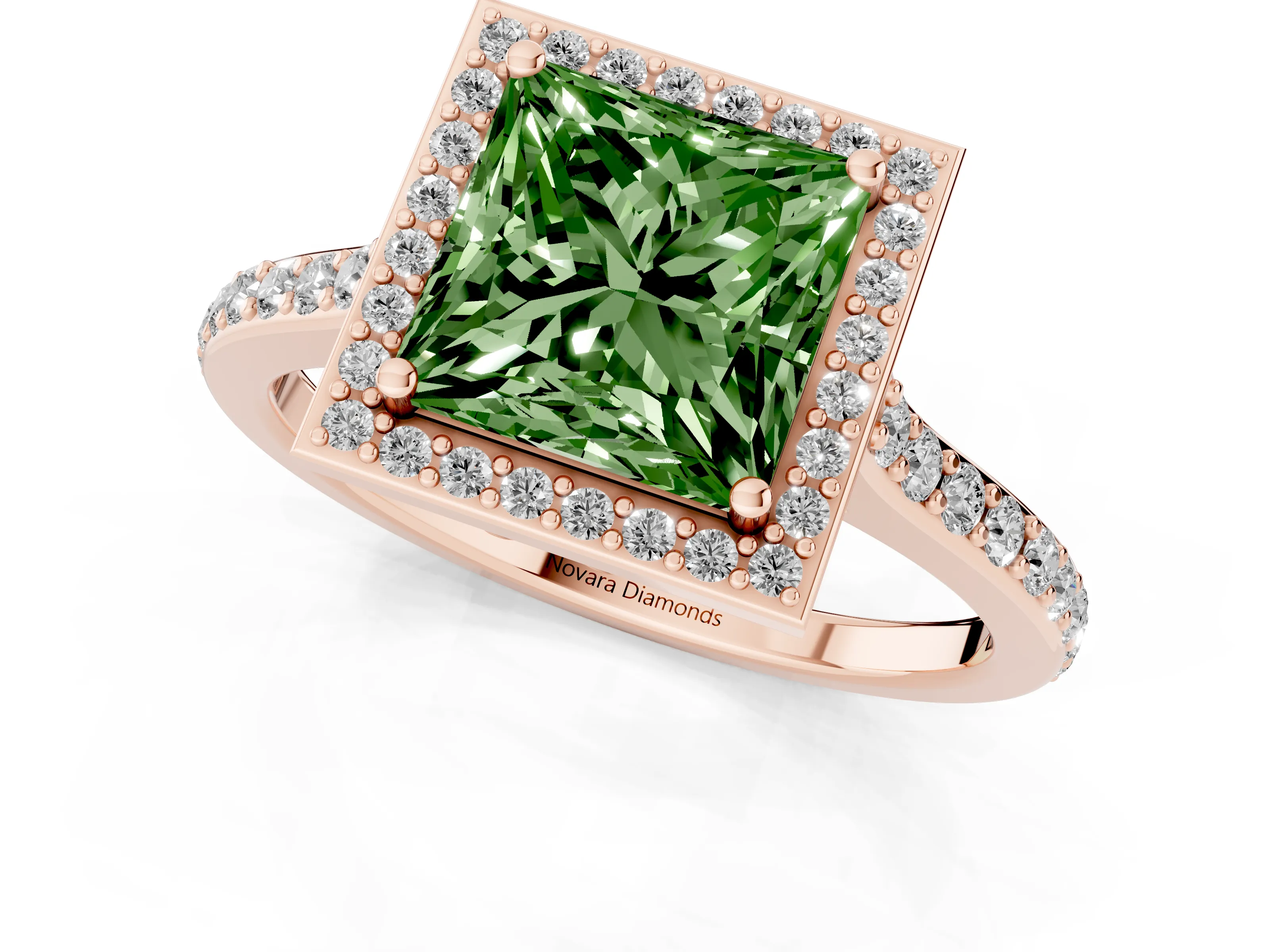 Fancy Green Princess Cut Diamond Halo Engagement Ring Set in Rose gold with Round Pavé Shoulders and Heart Gallery