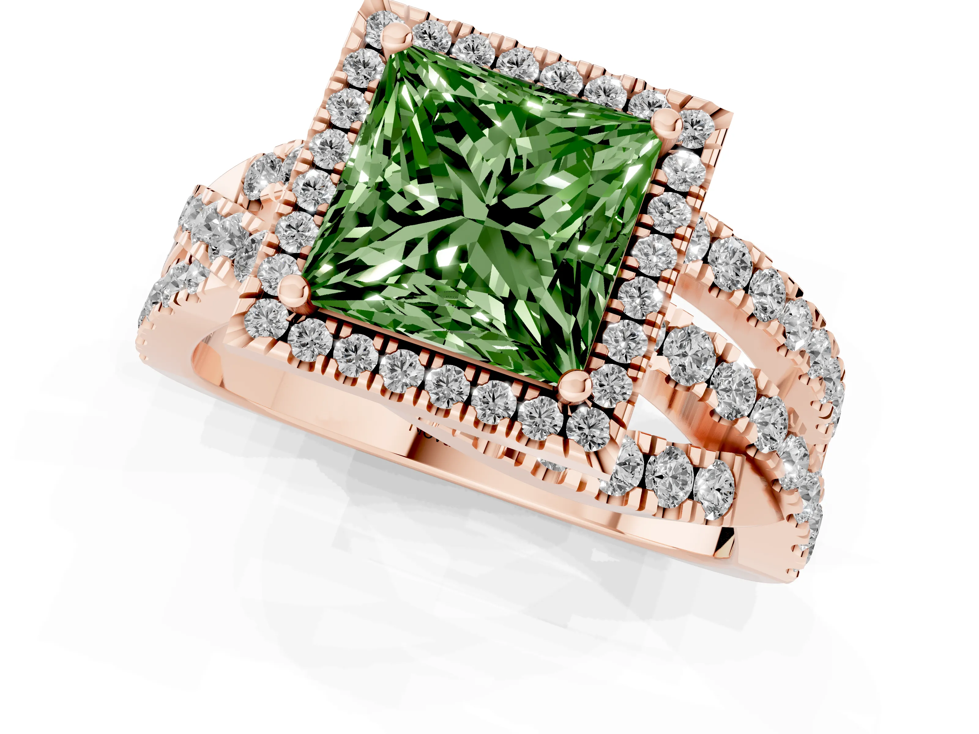Fancy Green Princess Cut Diamond Halo Ring Set in Rose gold with Round Crossover Split Shank and Prong Setting