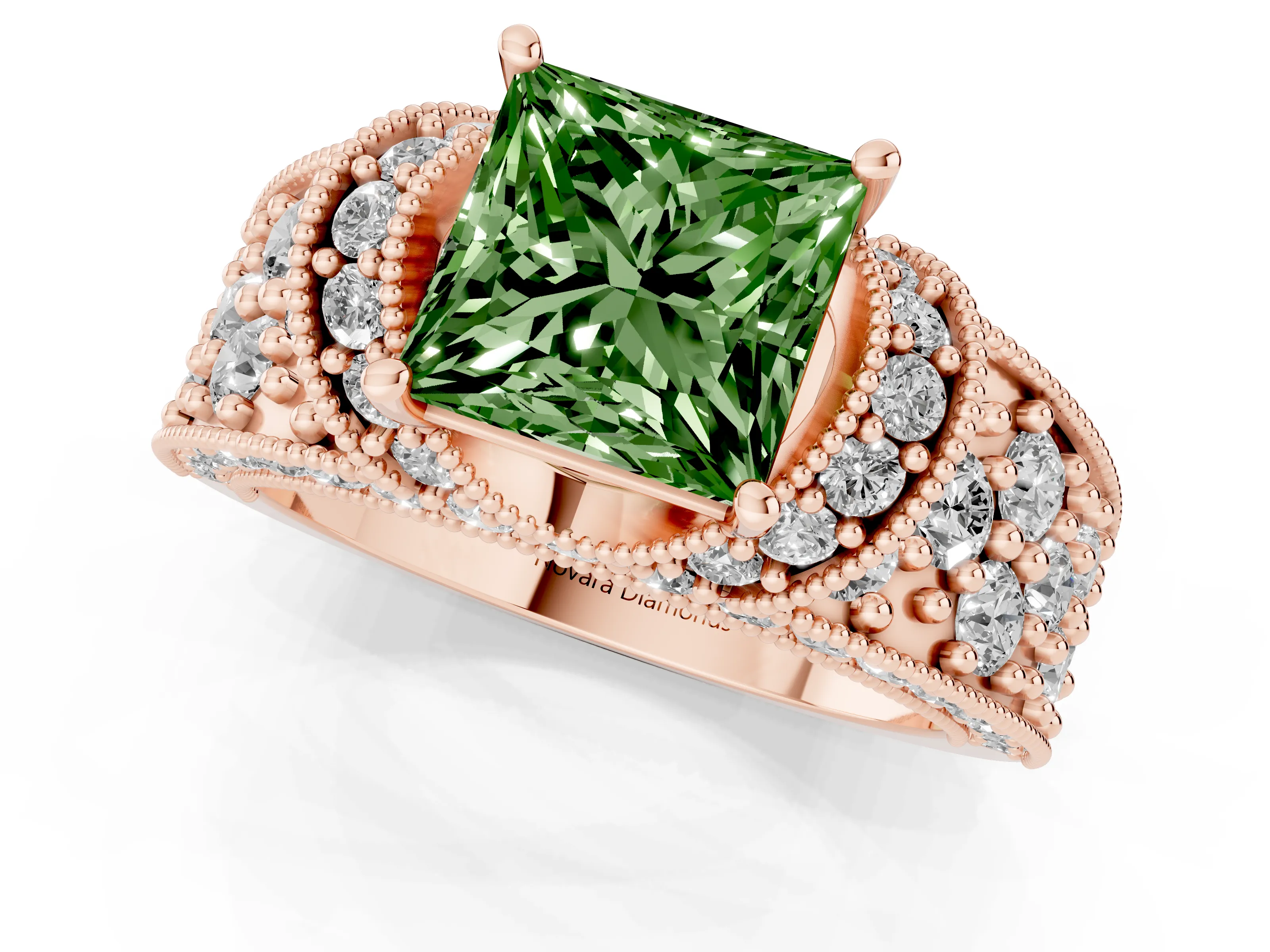 Fancy Green Princess Cut Diamond Milgrain Halo Pavé Engagement Ring Set in Rose gold with Prong Setting