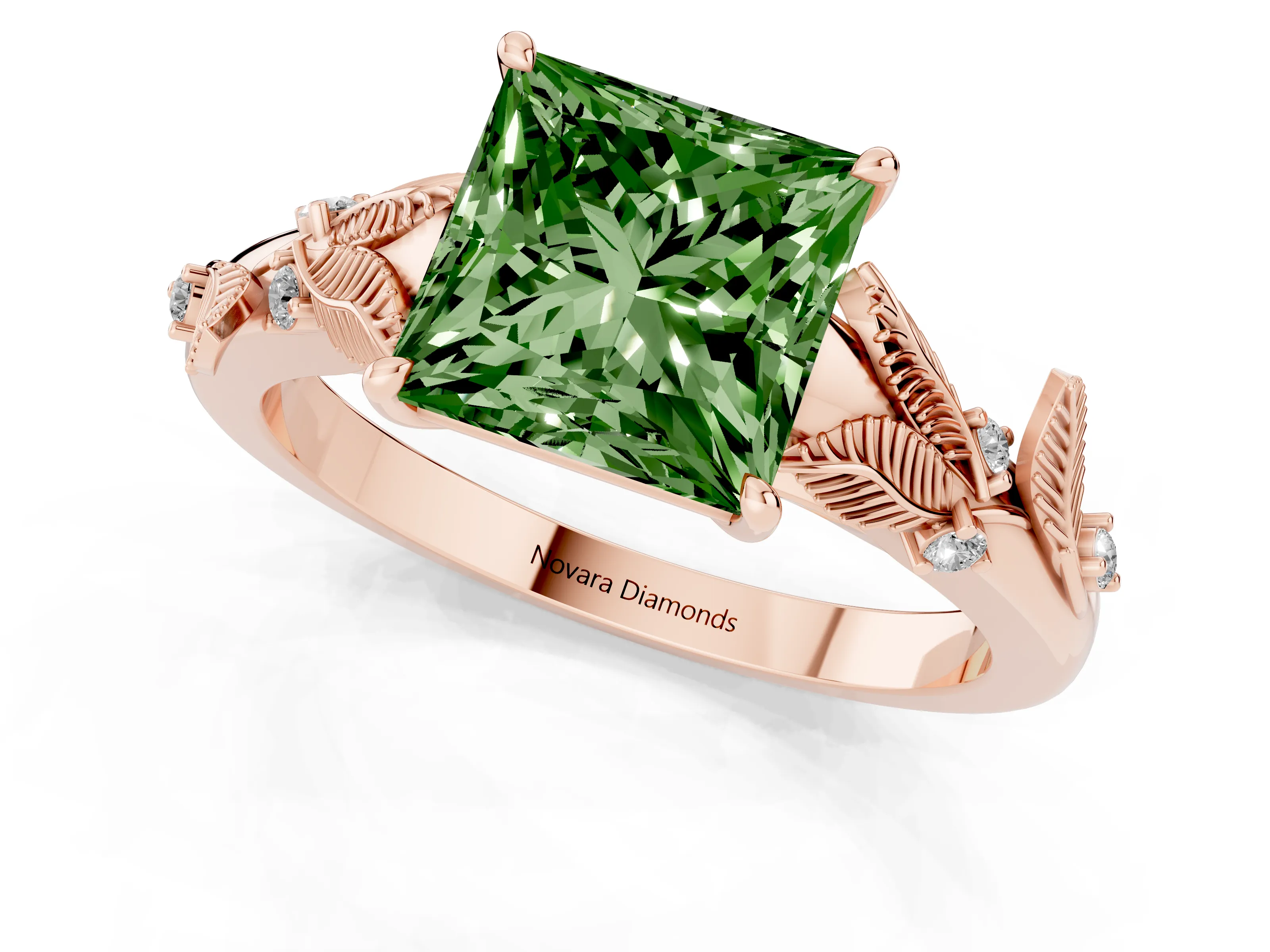 Fancy Green Princess Cut Diamond Solitaire Ring Set in Rose gold with Leaf Motif Band