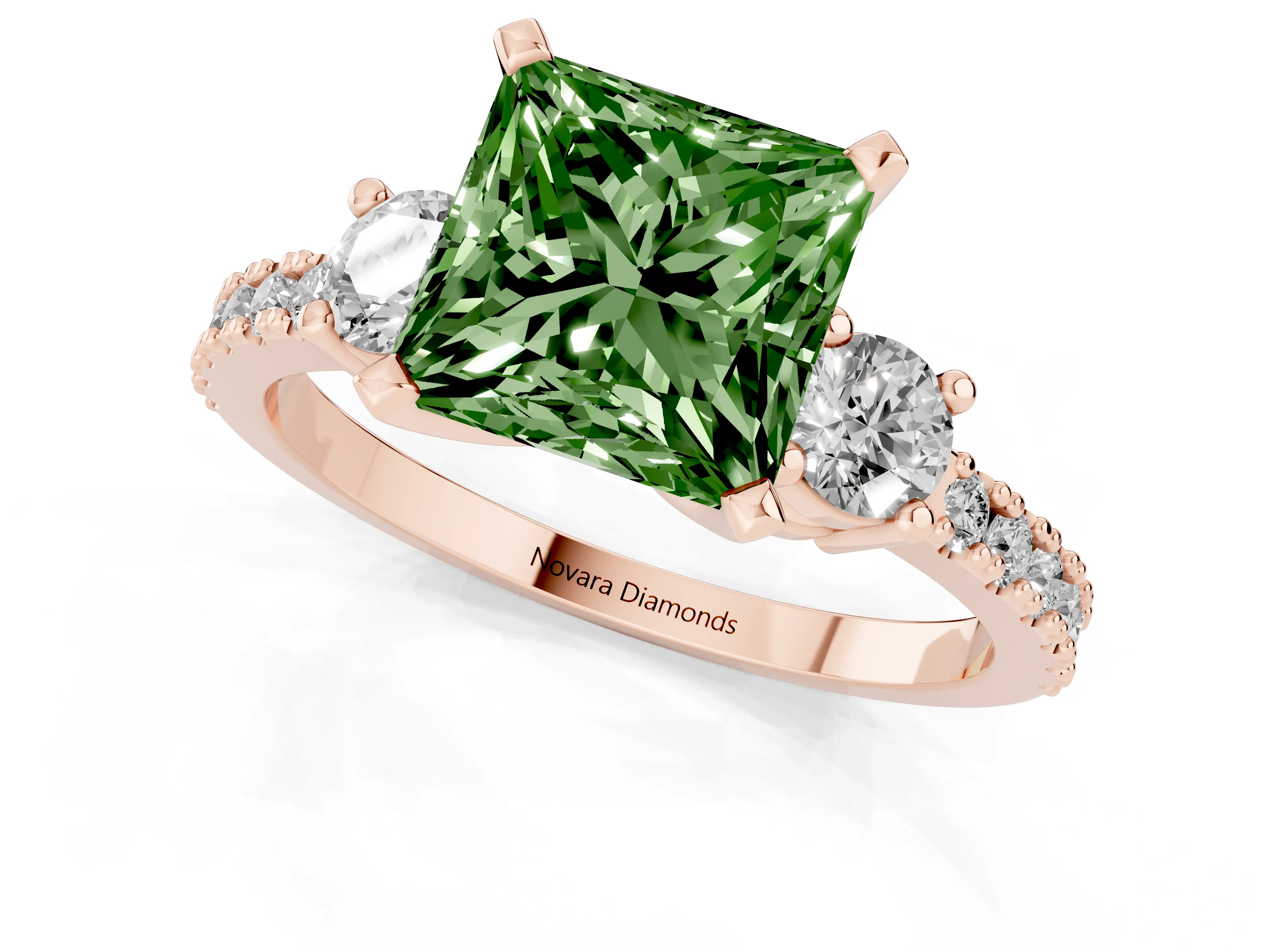 Fancy Green Three-Stone Princess Cut Diamond Pavé Band Ring Set in Rose gold with Prong Setting