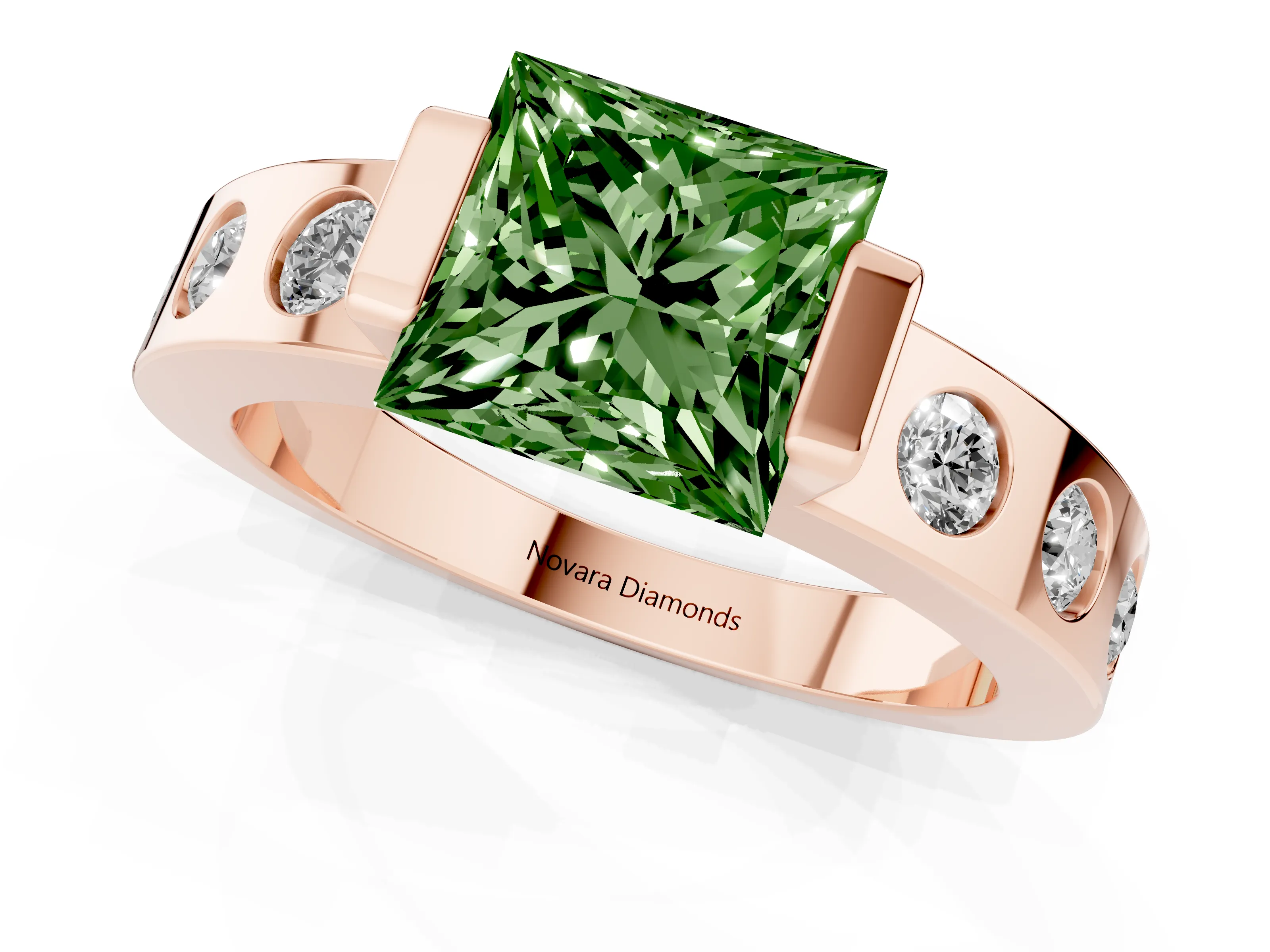 Fancy Green Princess Cut Diamond Channel-Set Band Ring Set in Rose gold with Bezel Prong Setting