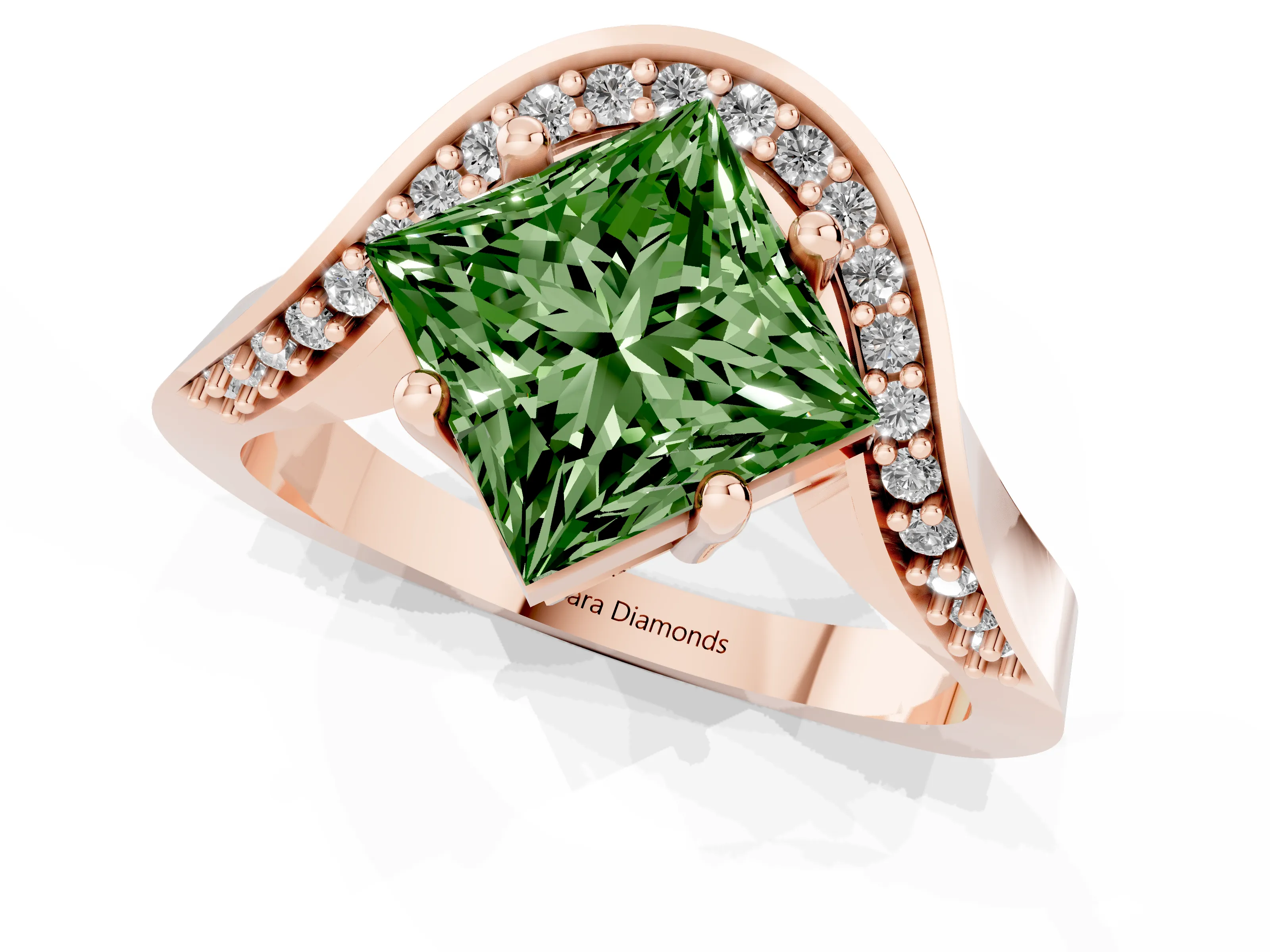Fancy Green Princess Cut Diamond Solitaire Engagement Ring Set in Rose gold with Pavé Shoulders