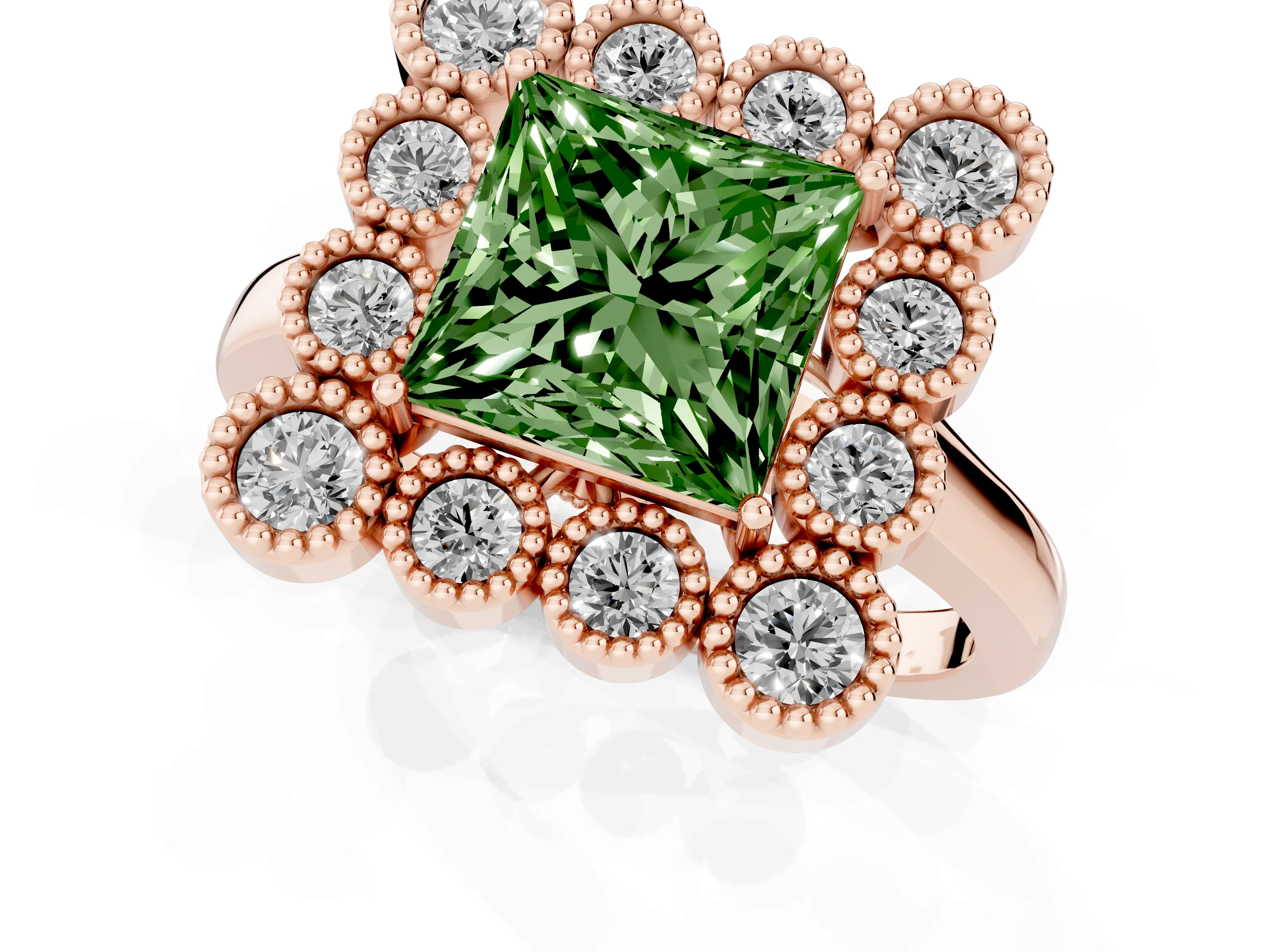 Fancy Green Princess Cut Diamond Cluster Halo Ring Set in Rose gold with Milgrain Bezel Accents and Plain Band
