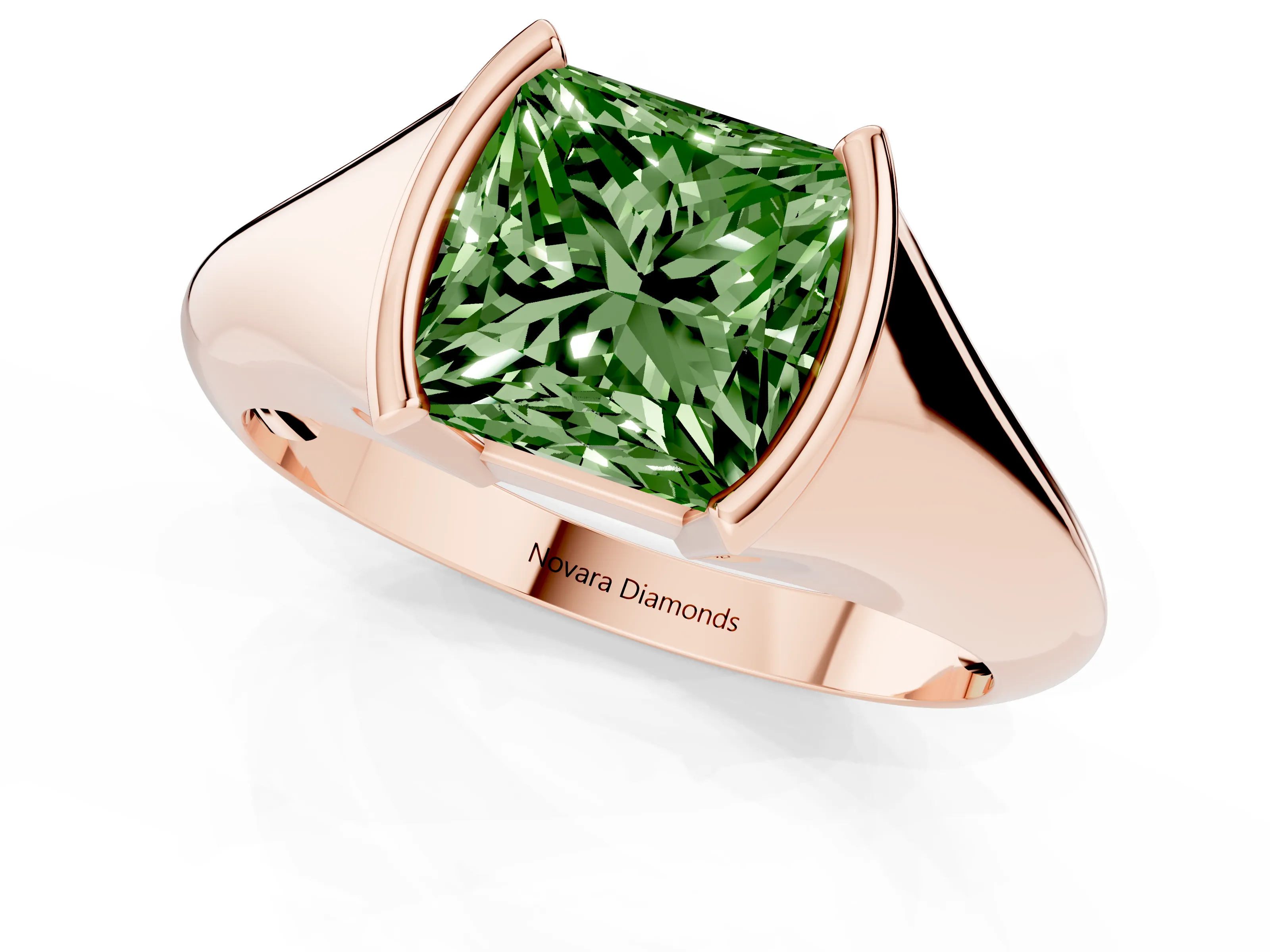 Fancy Green Princess Cut Diamond Solitaire Tension Set Ring Set in Rose gold