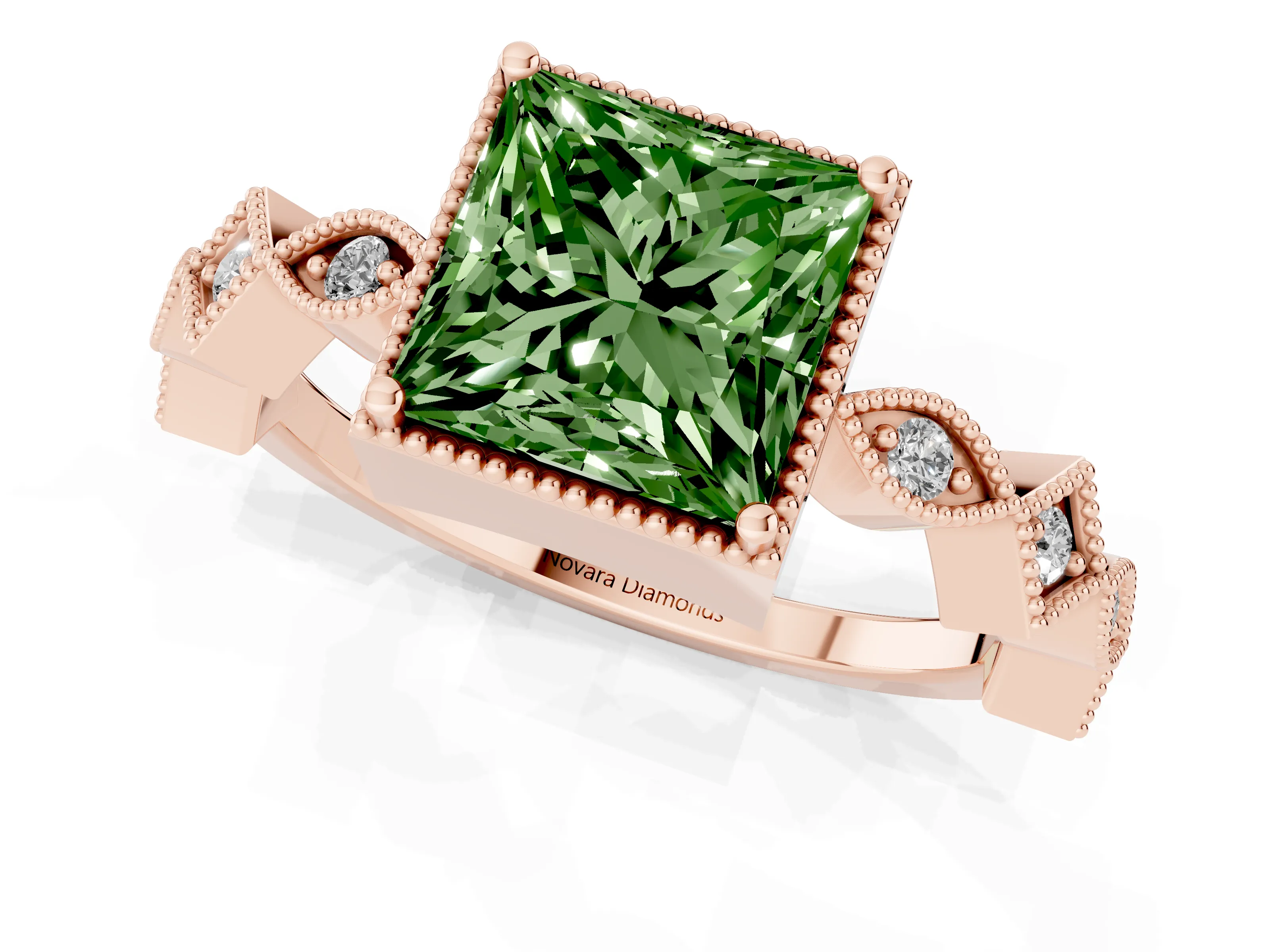 Fancy Green Princess Cut Diamond Milgrain Marquise Twist Band Ring Set in Rose gold with Prong Setting