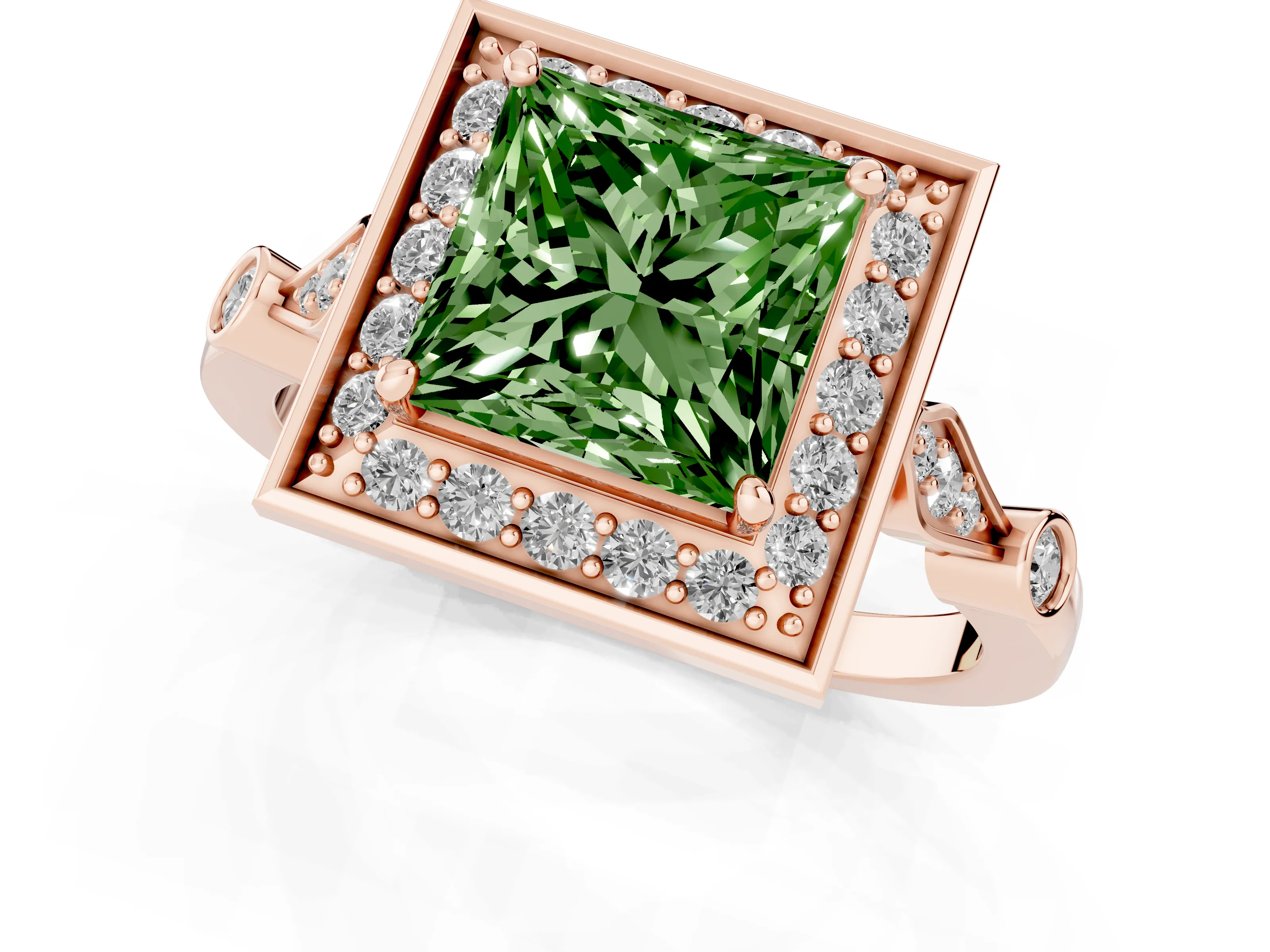 Fancy Green Princess Cut Diamond Halo Engagement Ring Set in Rose gold with Twisted Band and Prong Setting