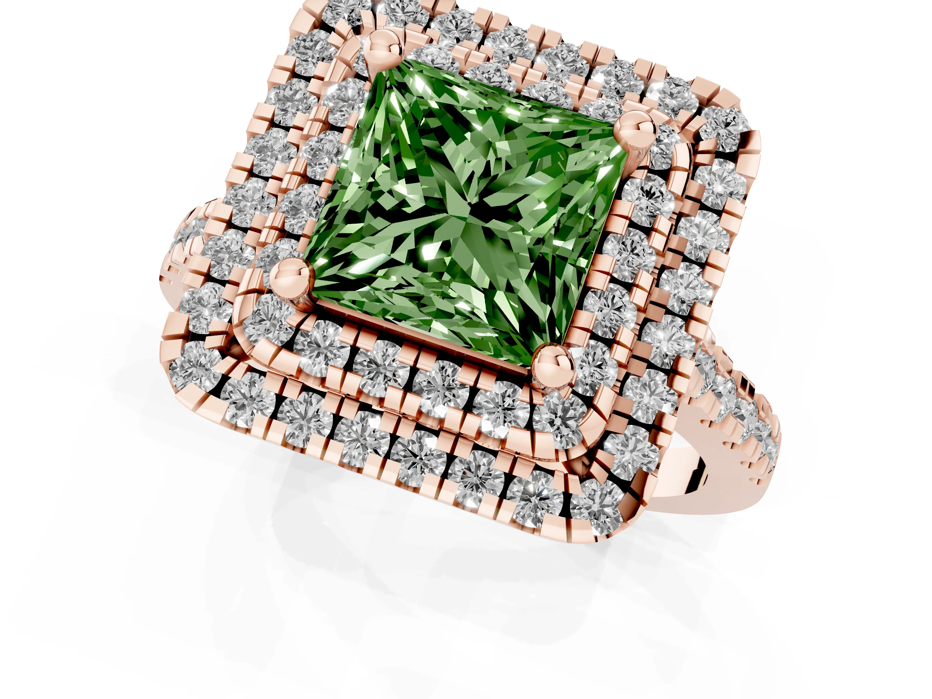 Fancy Green Princess Cut Diamond Double Halo Statement Ring Set in Rose gold with Pavé Band