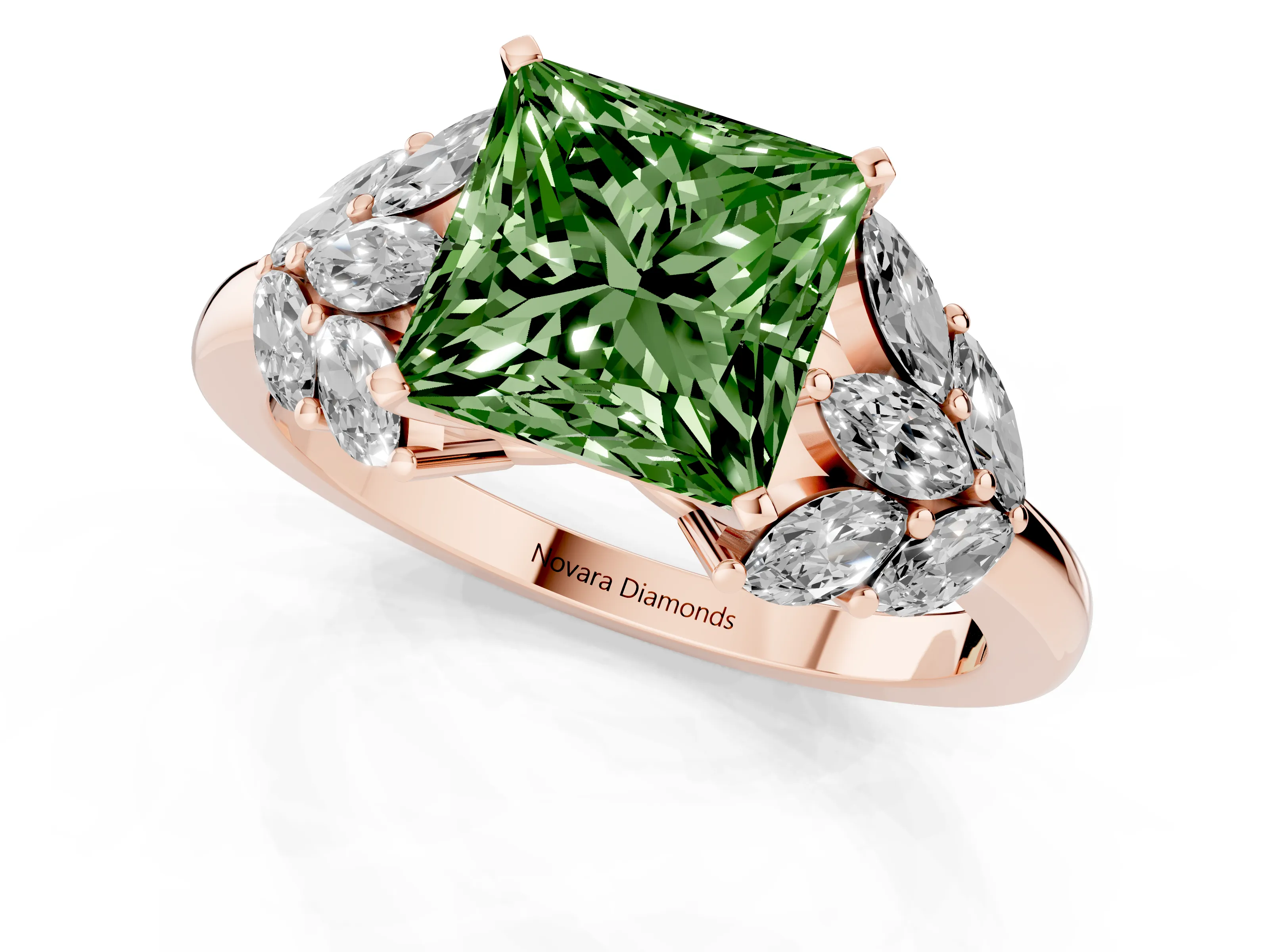 Fancy Green Princess Cut Diamond Cluster Leaf Design Ring Set in Rose gold with Prong Setting