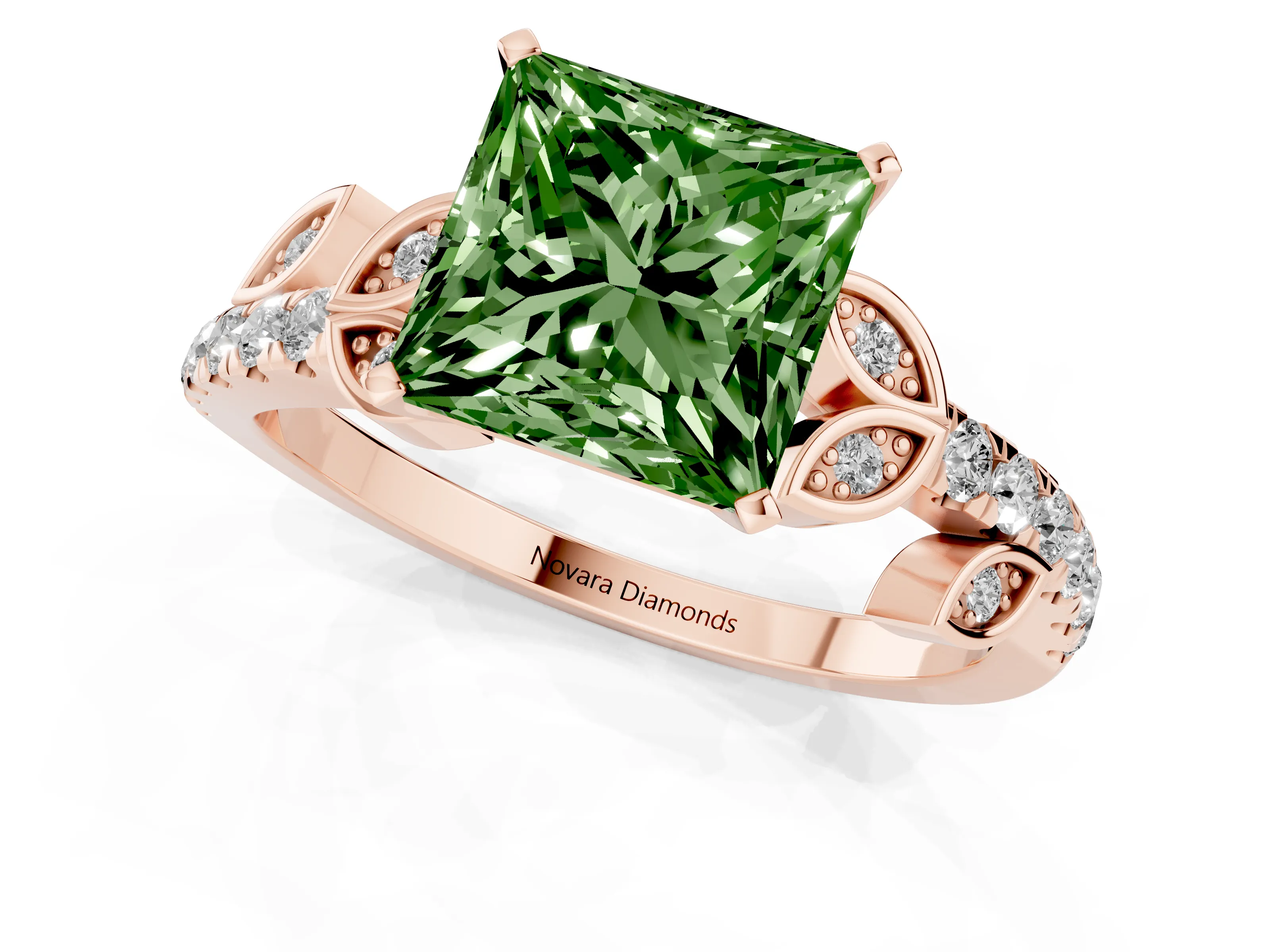 Fancy Green Princess Cut Diamond Solitaire Leaf-Inspired Ring Set in Rose gold with Pavé Band and Prong Setting