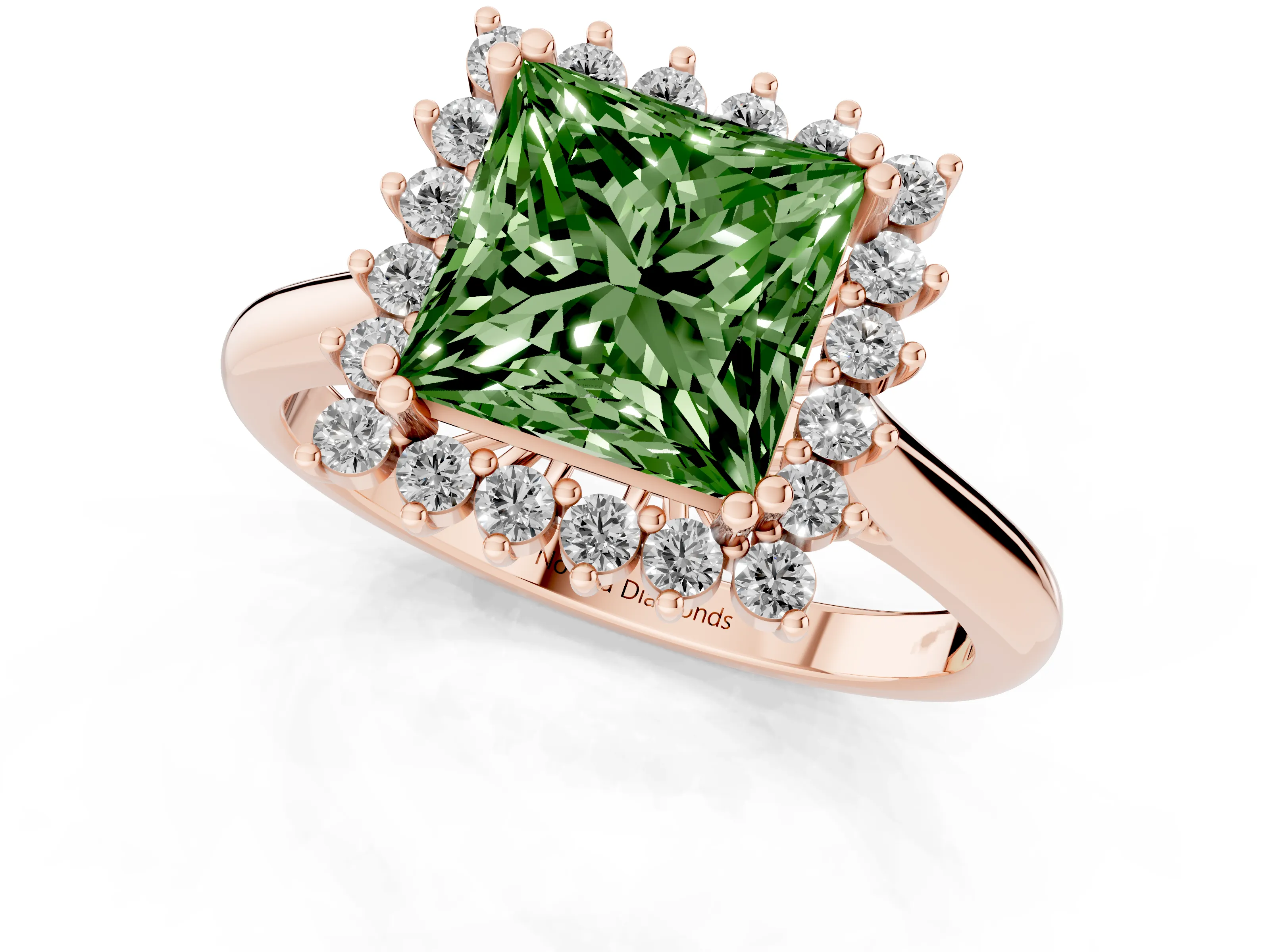 Fancy Green Princess Cut Diamond Halo Ring Set in Rose gold with Plain Solitaire Band and Prong Setting